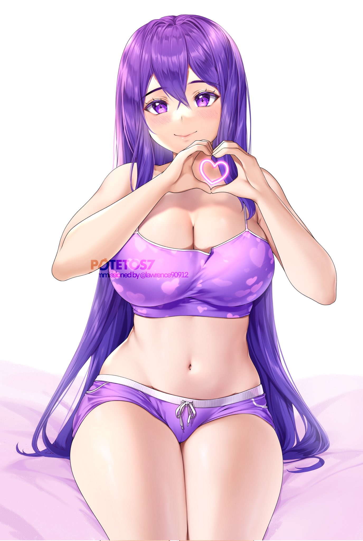 1girls bra breasts cleavage doki_doki_literature_club female female_only heart light-skinned_female light_skin long_hair looking_at_viewer navel potetos7 purple_bra purple_eyes purple_hair purple_shorts shorts sitting smile smiling smiling_at_viewer solo thighs white_background wholesome yuri_(doki_doki_literature_club)