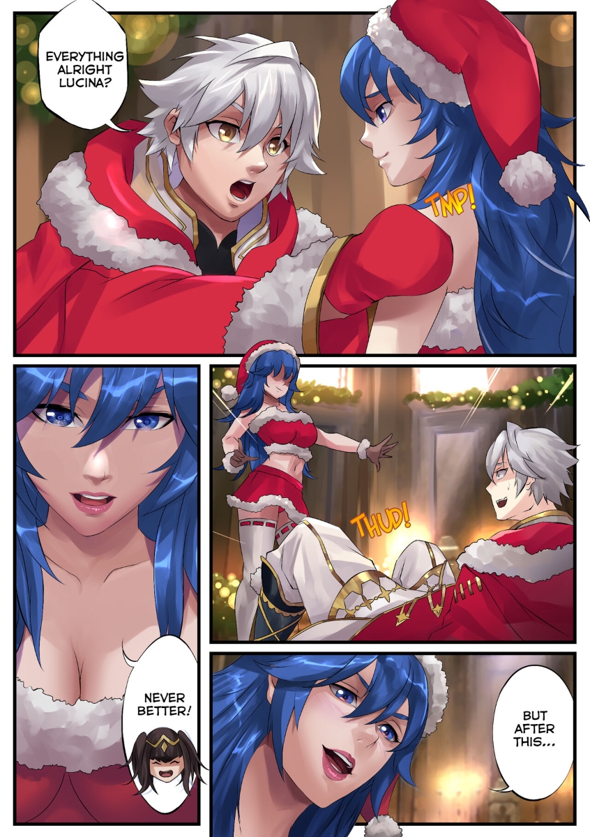 1boy, 1girls, alternate costume, blue eyes, blue hair, body swap, christmas, christmas clothing, christmas headwear, christmas outfit, comic, comic page, dialogue, english text, female, fire emblem, fire emblem awakening, fire emblem heroes, light skin, light-skinned female, light-skinned male, long hair, lucina (fire emblem), male, nintendo, official alternate costume, possession, pushing, robin (fire emblem), robin (fire emblem) (male), short hair, speech bubble, text, tharja (fire emblem), tsfsingularity, white hair, yellow eyes