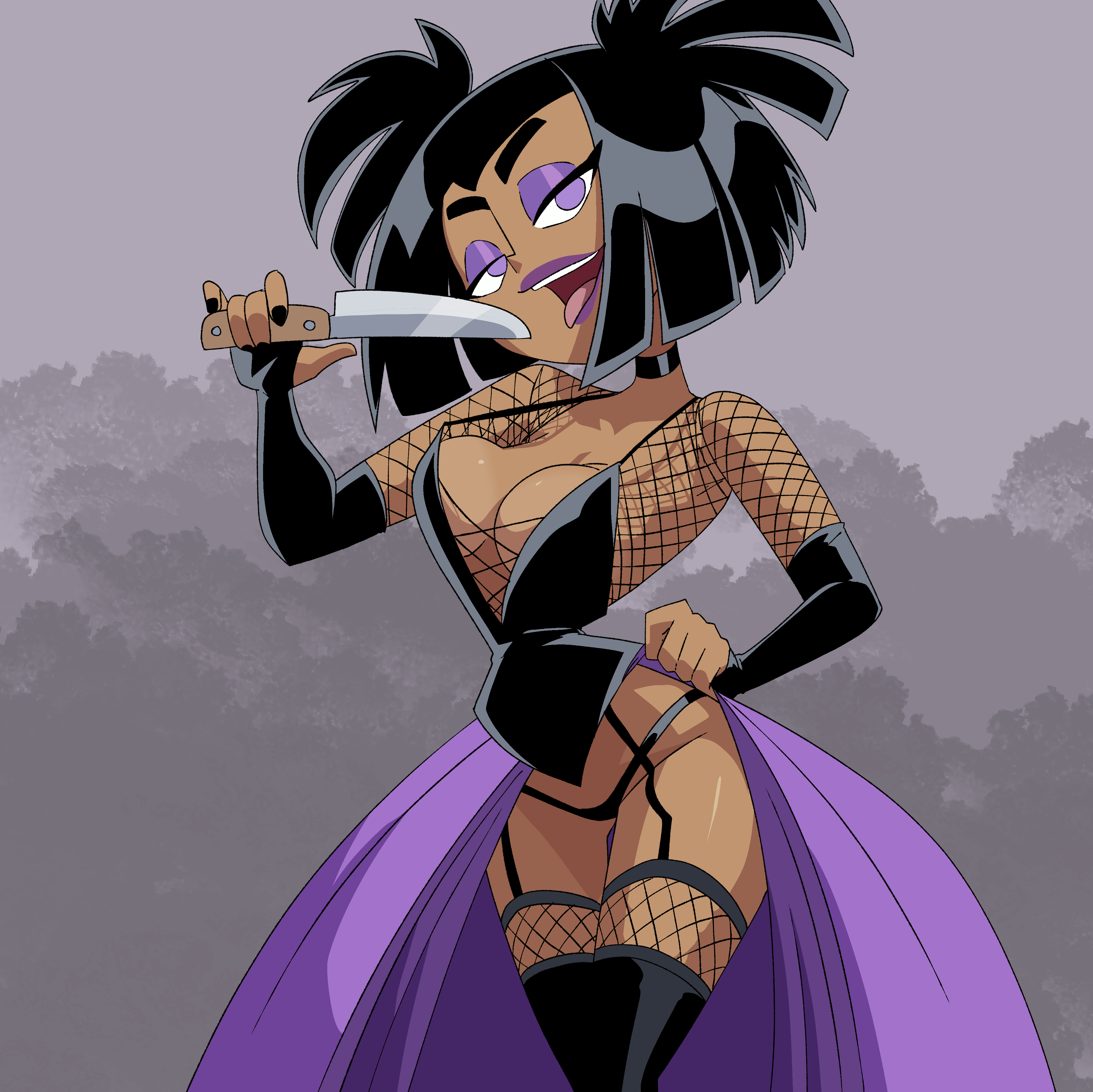 1girls, big breasts, black hair, breasts, cleavage, clothing, coolerinker, danny phantom, eyeshadow, female, goth, goth girl, high resolution, hips, inker comics, inkershike, kitchen knife, knife, legs, lingerie, lipstick, nickelodeon, panties, purple eyes, purple lipstick, sam manson, solo female, twintails