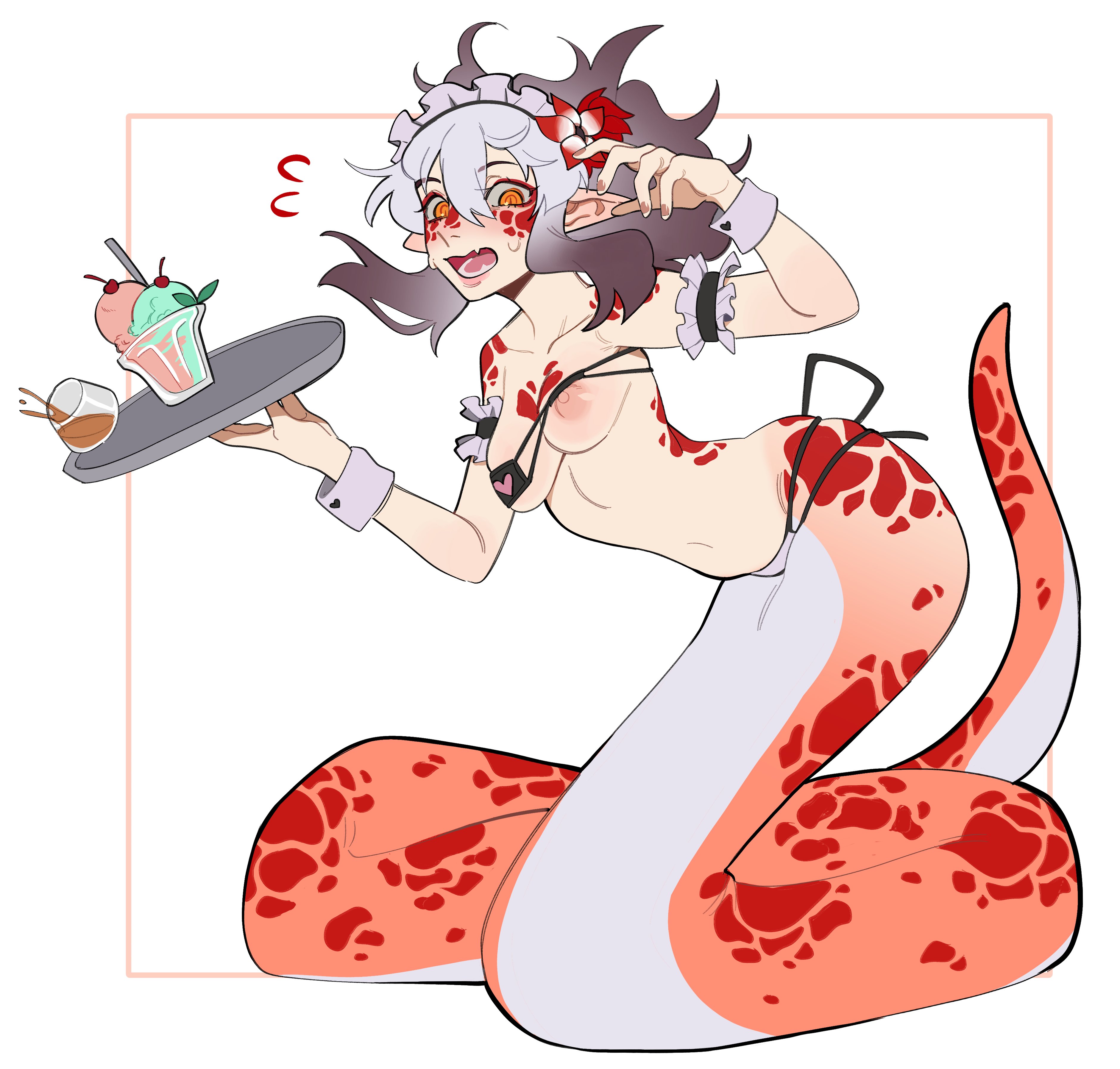 1girls, areolae, armband, bikini, blush, breasts, female, female only, flower in hair, ice cream, lamia, long hair, maid bikini, maid headdress, naga, nipples, orange eyes, pointy ears, porqueloin, shocked, snake, snake girl, solo, tray, very high resolution, wardrobe malfunction, white hair, wrist cuffs