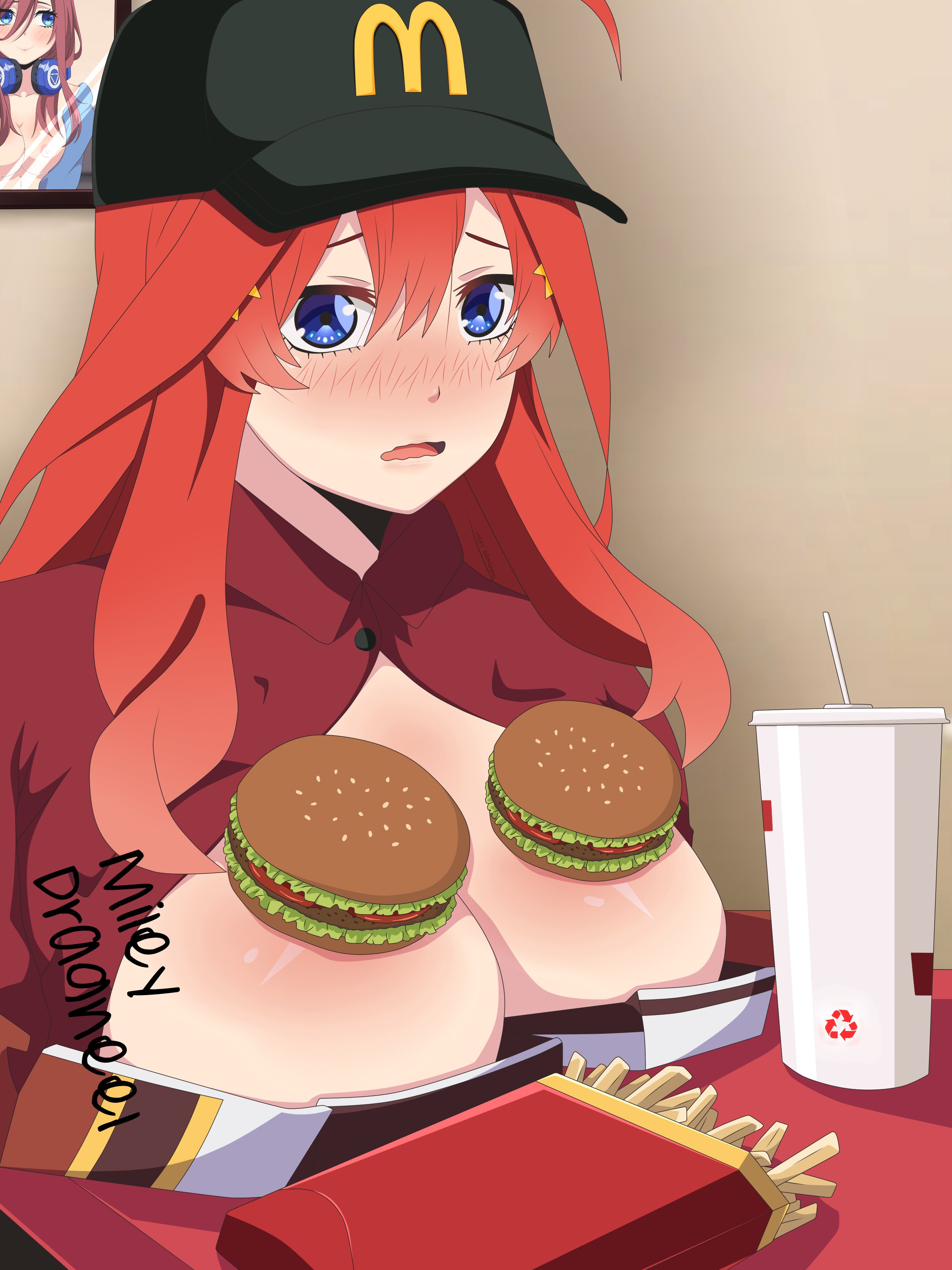 2girls, absurdres, ahoge, artist name, bangs, black headwear, blue eyes, blue shirt, blush, boob burger, breasts, breasts out, burger, censored nipples, collarbone, convenient censoring, employee, employee uniform, female, female only, food, food play, fries, go-toubun no hanayome, hair between eyes, hair ornament, hamburger, hat, headphones, headphones around neck, highres, large breasts, long hair, mcdonald's, meme, miley dragneel, mileydragneel, multiple females, multiple girls, nakano itsuki, nakano miku, nipples, no bra, open clothes, open mouth, open shirt, photo (object), red hair, red shirt, shirt, sidelocks, smile, soda, star (symbol), star hair ornament, wavy hair, your order is ready (meme)