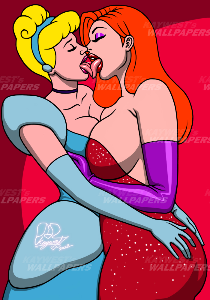 2022, 2girls, arm gloves, artist logo, artist name, artist signature, ass, ass grab, big breasts, blonde hair, breasts, butt grab, choker, cinderella (1950 film), cinderella (disney), cleavage, closed eyes, clothed, clothed female, crossover, disney, disney princess, dress, eyeshadow, female, female only, french kiss, french kissing, grabbing ass, grabbing breasts, hair tied, hairband, jessica rabbit, kaywest, kissing, lipstick, long hair, long red hair, red hair, tongue, tongue kiss, tongue out, watermark, who framed roger rabbit, yuri