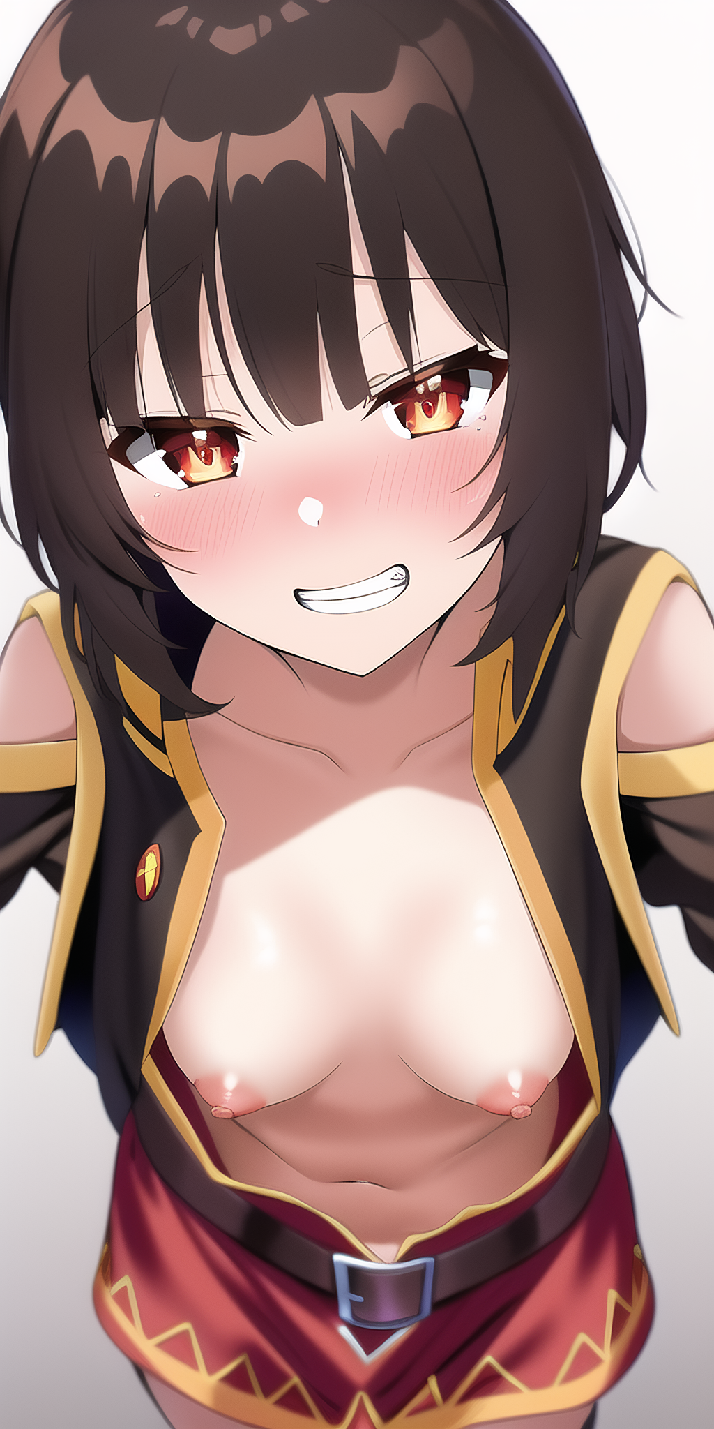 1girls ai_generated breasts downblouse extended_downblouse girls_only kono_subarashii_sekai_ni_shukufuku_wo! megumin nai_diffusion navel nipples no_bra small_breasts smiling solo solo_female stable_diffusion