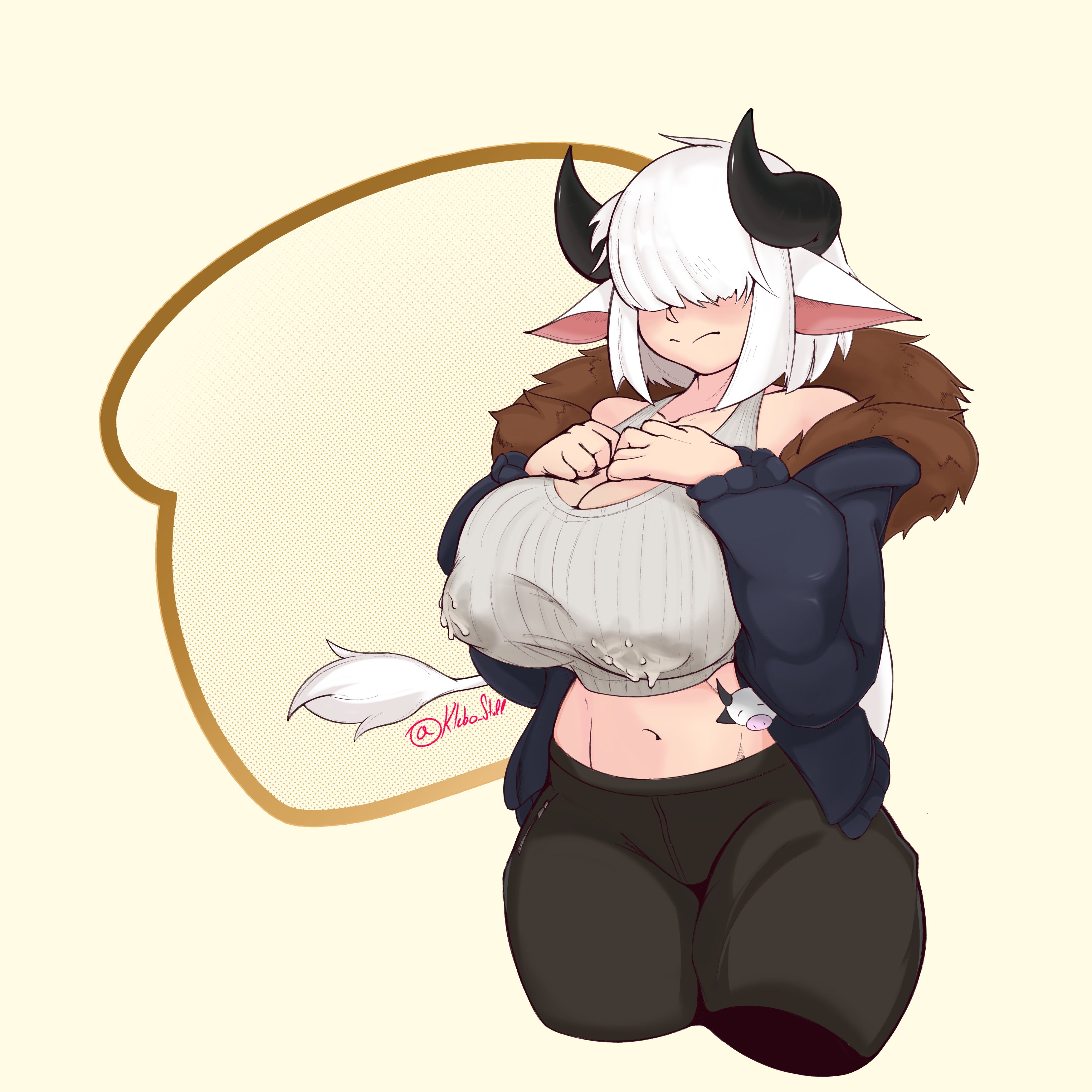 1girls, absurd res, big breasts, breasts, clothing, cow ears, cow girl, cow horns, cow tail, female, female only, hair between eyes, hands on chest, horns, klebo stuff, lactation, lactation through clothes, light skin, light-skinned female, medium hair, nipple bulge, original, original character, solo, tail, thick thighs, uya (klebo stuff), white hair