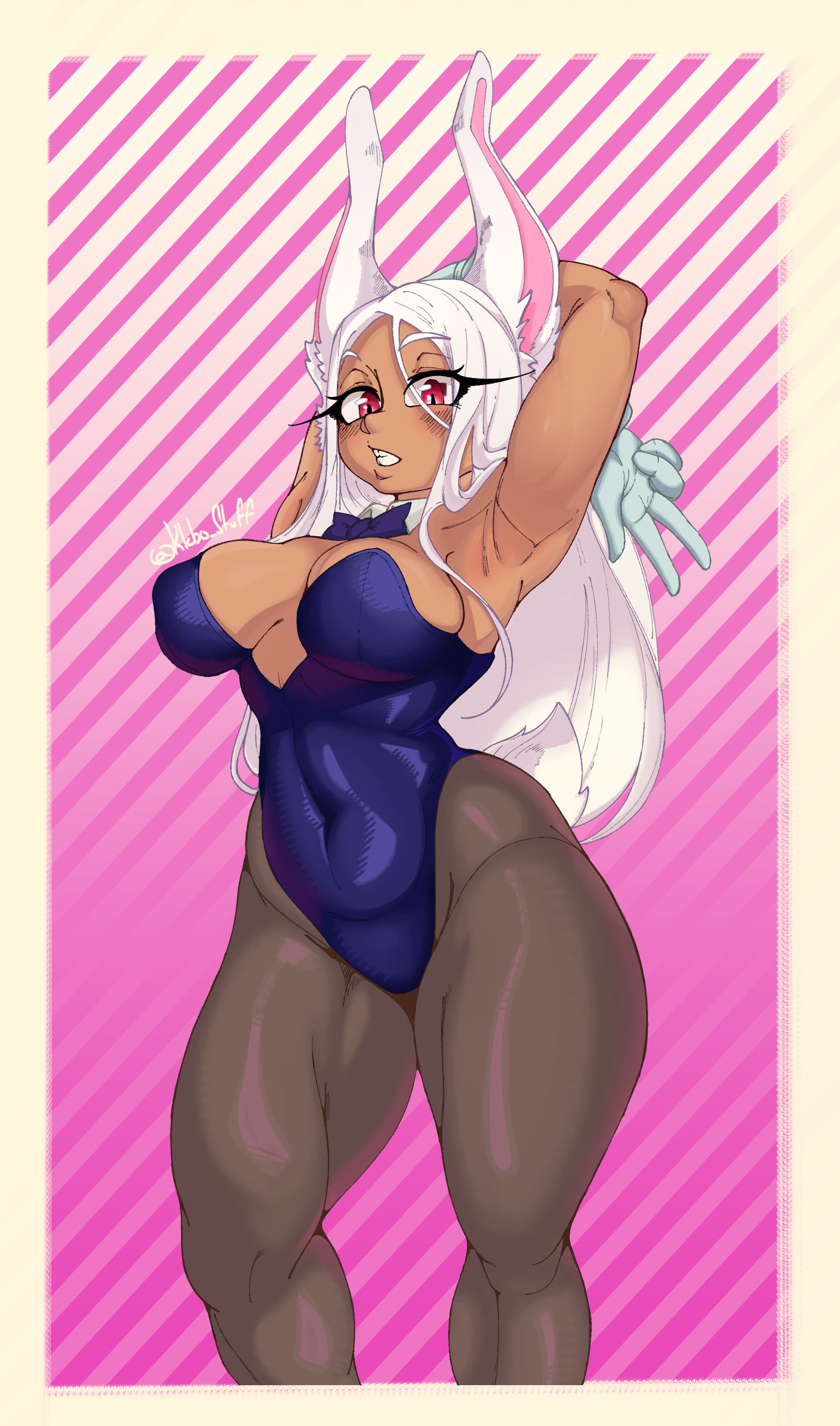 1girls, arms behind head, blush, bunny ears, bunny tail, bunnysuit, dark skin, dark-skinned female, female, female only, gloves, klebo stuff, long hair, looking at viewer, miruko, my hero academia, pantyhose, red eyes, rumi usagiyama, solo, teeth clenched, thick thighs, v sign, very high resolution, white hair
