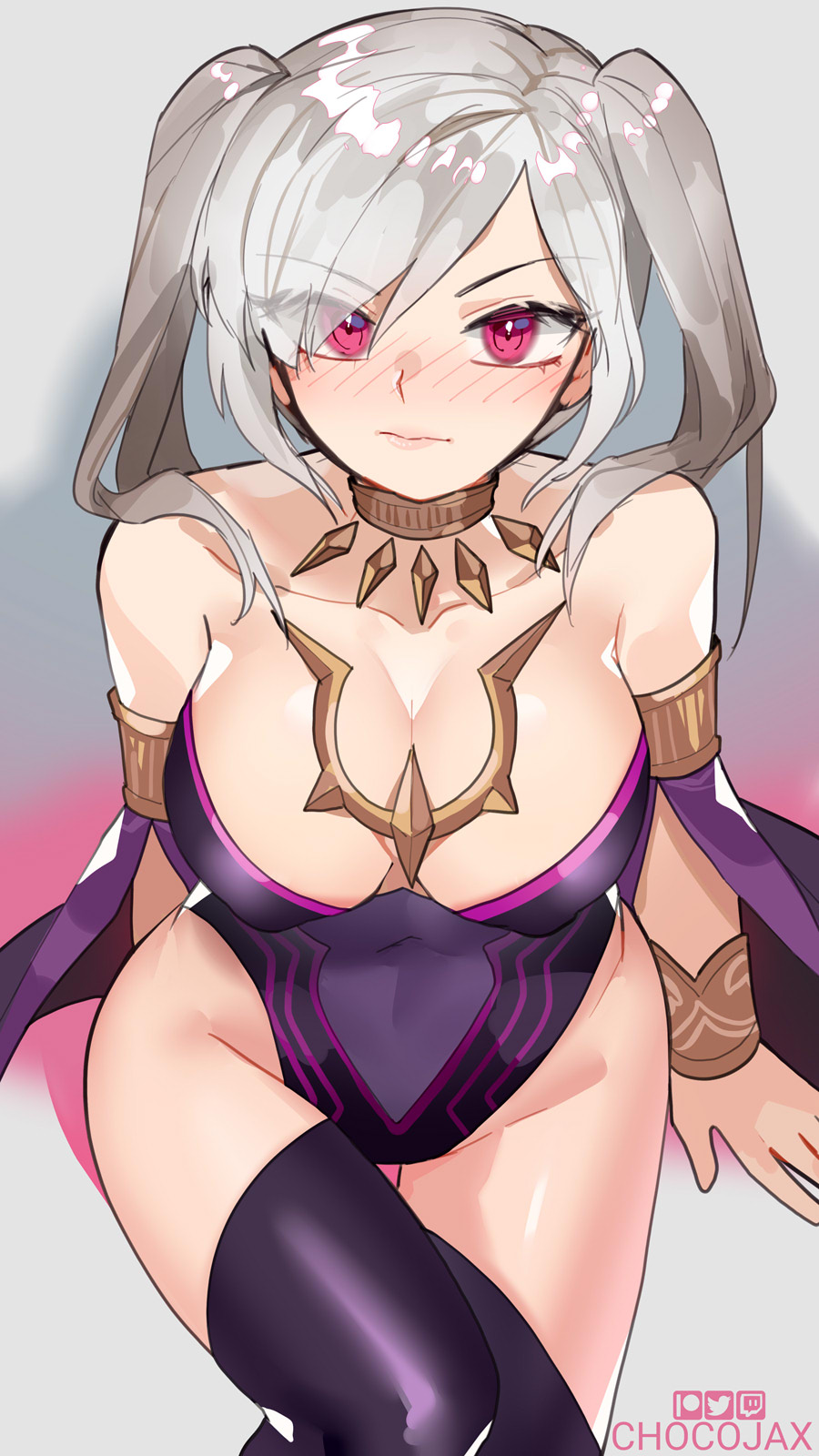 1girls alternate_costume chocojax cleavage corruption female female_only fire_emblem fire_emblem_awakening fire_emblem_heroes from_above grima_(fire_emblem) large_breasts looking_at_viewer nintendo official_alternate_costume red_eyes robin_(female)_(fell_tactician)_(fire_emblem) robin_(fire_emblem) robin_(fire_emblem)_(female) solo twintails unamused white_hair