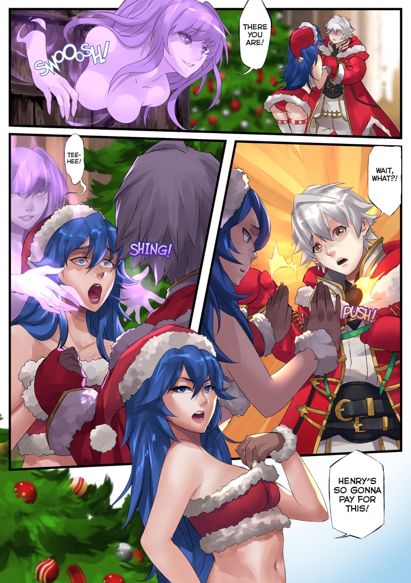 1boy, 1girls, alternate costume, blue eyes, blue hair, body swap, christmas, christmas clothing, christmas headwear, christmas outfit, christmas tree, comic, comic page, dialogue, english text, female, fire emblem, fire emblem awakening, fire emblem heroes, headwear, light skin, light-skinned female, light-skinned male, long hair, lucina (fire emblem), male, nintendo, official alternate costume, open mouth, panels, panties, possession, robin (fire emblem), robin (fire emblem) (male), short hair, speech bubble, text, tharja (fire emblem), tsfsingularity, white hair, yellow eyes