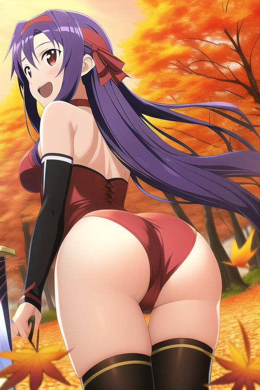 ai_generated aiartz ass autumn bare_shoulders blush breasts bridal_gauntlets cameltoe female from_behind headband huge_ass konno_yuuki leotard long_hair looking_at_viewer medium_breasts nai_diffusion open_mouth photoshop purple_hair red_eyes shiny shiny_clothes shiny_hair shiny_skin sideboob smile solo stable_diffusion sword_art_online thick_thighs thighhighs very_long_hair