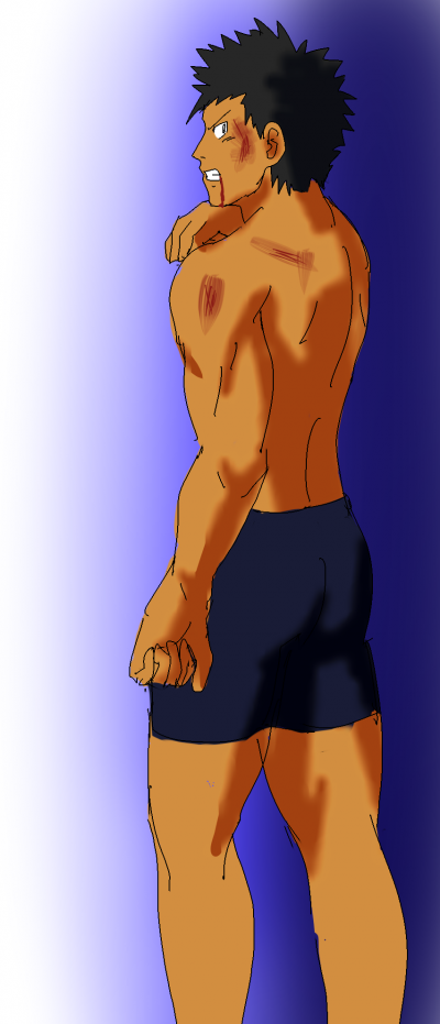 1boy 2014 angry ass black_hair blood_stain blue_boxers boxers boxers_(clothing) gay male_focus male_only muscle muscles muscular ruizu ruizu_(takakisan503) simple_background solo spiky_hair tagme yaoi