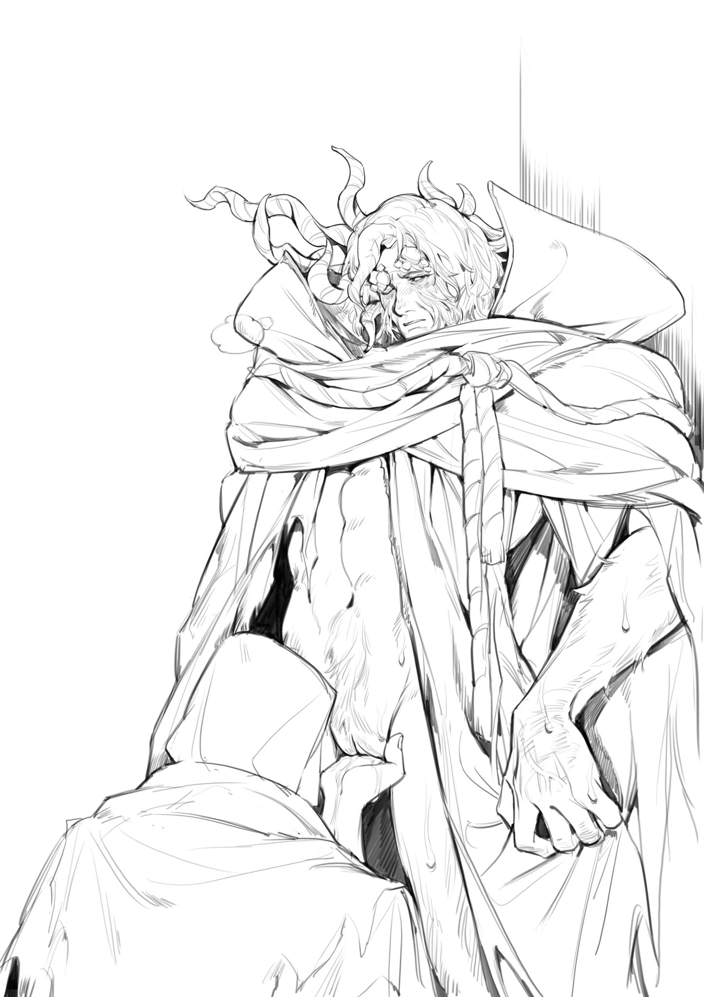 abs, black and white, blush, cuntboy, elden ring, fingering, hairy, hairy arms, hairy pussy, horn, horns, intersex, morgott the omen king, pussy, pussy juice, sideburns, simple background, sweat, tarnished, thighs, white hair