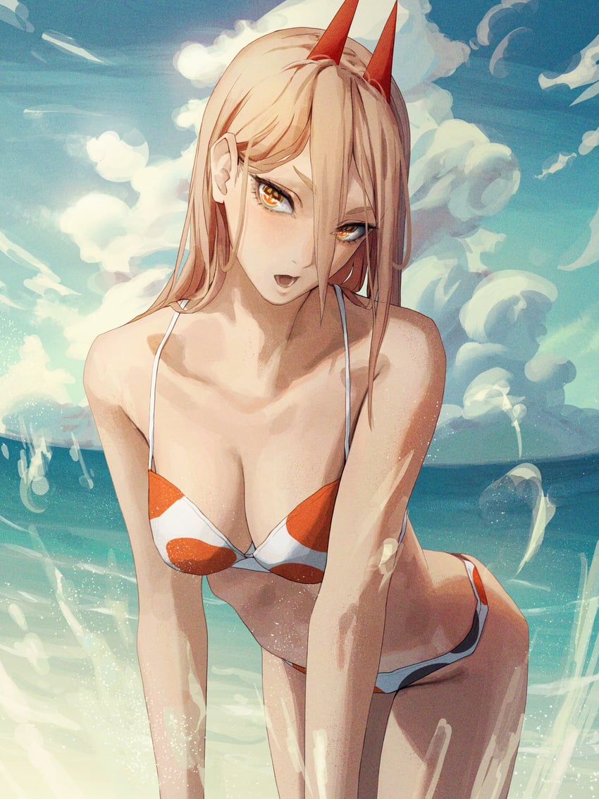 1girls, ao desu2222, beach, bikini, blonde hair, breasts, chainsaw man, female, horns, looking at viewer, medium breasts, open mouth, polka dot, power (chainsaw man), seductive, seductive eyes, seductive look, solo female, swimsuit, tagme