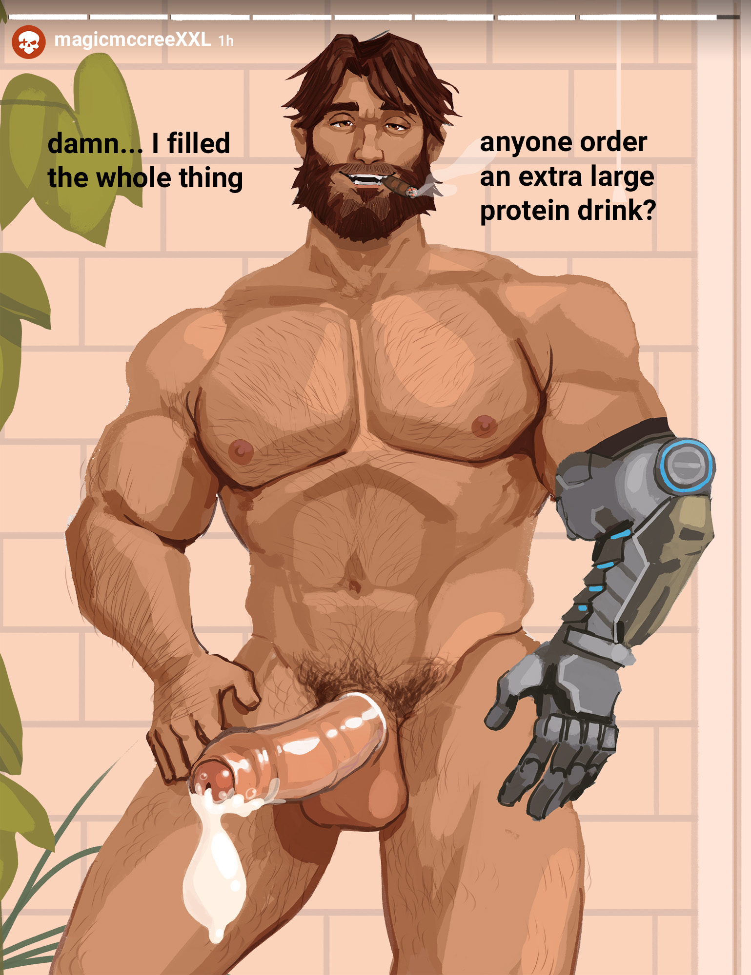 1boy, abs, balls, ballsack, bara, beard, beefy, body hair, brown eyes, brown hair, cigar, cole cassidy, condom, cum, cybernetic arm, erection, facial hair, filled condom, foreskin, hairy, hairy male, human, magicmccreexxl, male, male nipples, male only, male pubic hair, masculine male, mature male, muscles, muscular, muscular male, mustache, nipples, nude, nude male, overwatch, partially retracted foreskin, pecs, penis, pubic hair, retracted foreskin, scrotum, smoking, smooth penis, solo, testicles, text, uncircumcised, uncut, yaoi