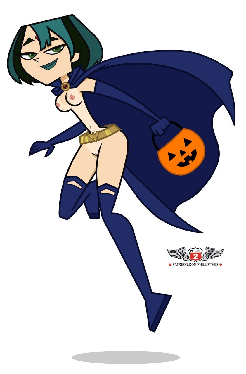 1girls, areolae, breasts, breasts exposed, breasts out, cape, eyes open, fantasy, female, gwen (tdi), halloween, looking at viewer, mouth closed, nipples, nude, nude female, phillipthe2, pussy, raven (cosplay), short hair, small breasts, solo, teen titans, total drama island, vagina, white background