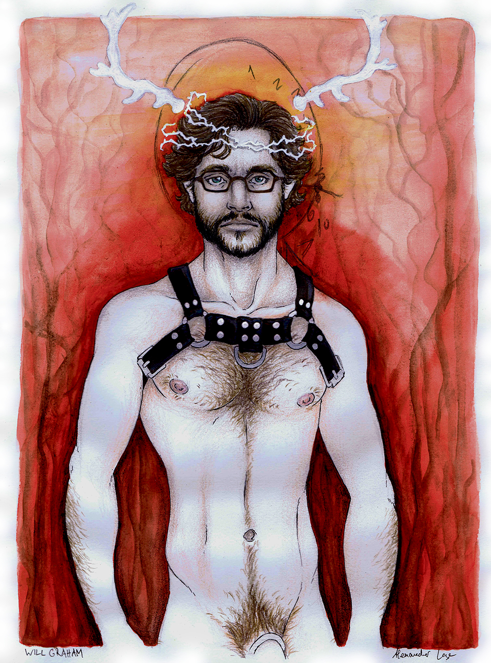 antlers body_hair cock_ring frown glasses hannibal hannibal_nbc male male_only nude pubic_hair solo solo_male traditional_media_(artwork) will_graham xreizueberflutungx