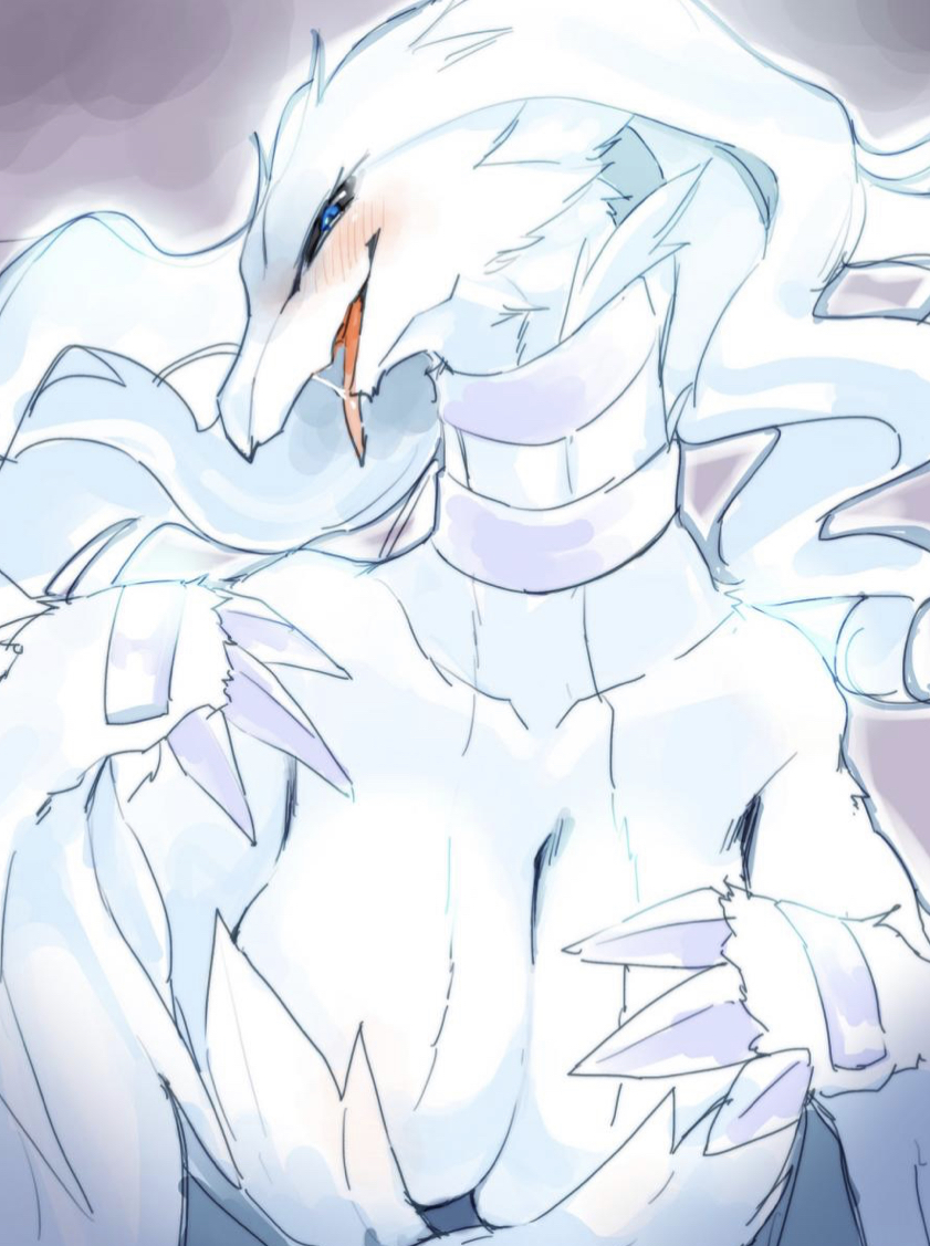 1girls, 2018, anthro, blue eyes, blush, breasts, cartoony, cleavage, dragon, dragon girl, female, female only, huge breasts, kame 3, legendary pokemon, nintendo, pokémon (species), pokemon, pokemon (species), reshiram, saliva, solo, thick thighs, tongue, tongue out