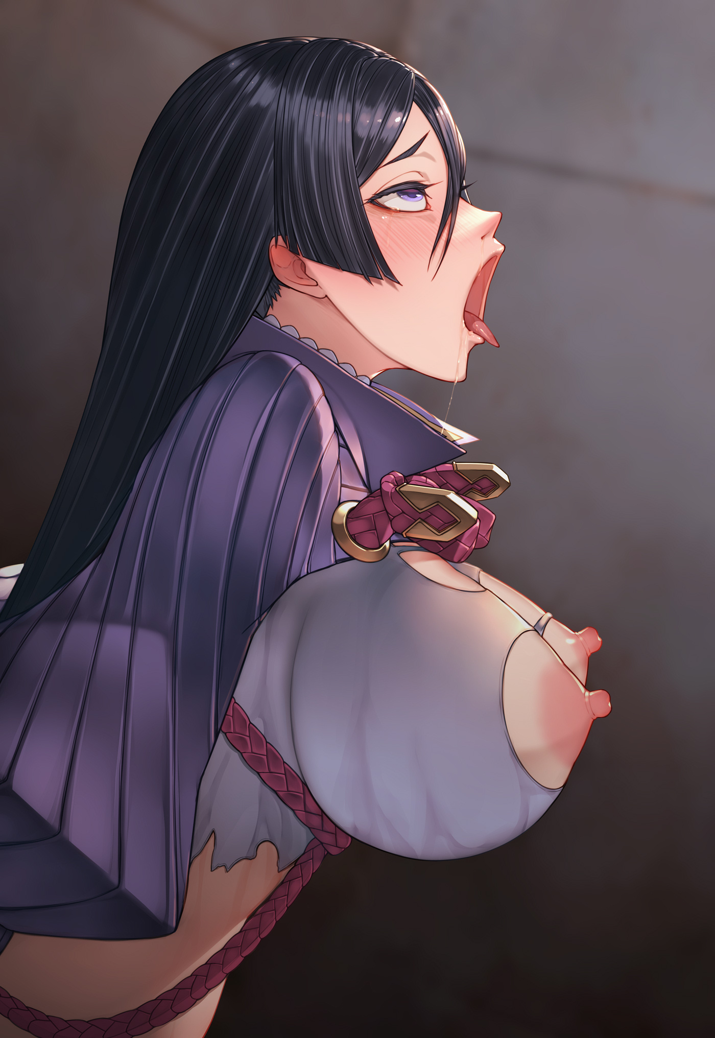 1girls, big breasts, blush, breasts, cero320, erect nipples, fate (series), fate/grand order, female, huge breasts, large breasts, long hair, minamoto no raikou (fate), minamoto no raikou (fate/grand order), nipples, purple eyes, ripped bodysuit, rope, torn bodysuit