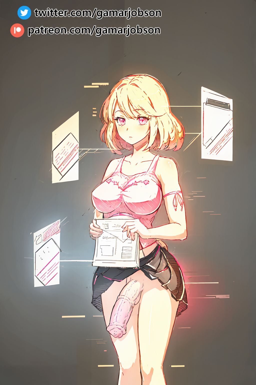 ai generated, blonde hair, futa only, futanari, gamarjobson, glitch, hologram, horse penis, horsecock, horsecock futa, human with animal genitalia, human with horsecock, intersex, penis, pink eyes, skirt