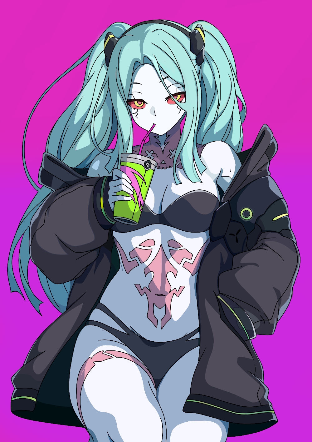1girls, artist request, bra, casual, cd projekt red, clothing, cute, cyberpunk 2077, cyberpunk: edgerunners, drinking, drinking glass, female, female only, human, light skin, light-skinned female, multi-strapped bikini, navel, netflix, no artist, no artist signature, open clothes, open jacket, outerwear, pale skin, panties, rebecca (edgerunners), studio trigger, twintails, underwear