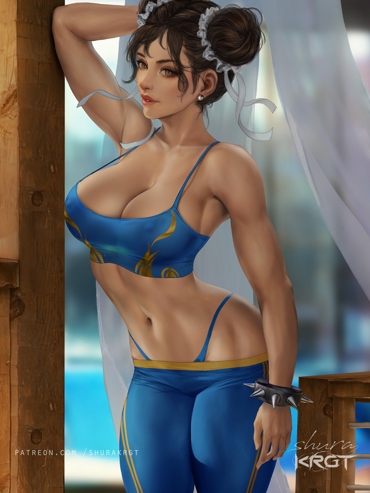 1girls 2022 big_breasts brown_hair capcom chun-li clothed curvaceous curvy_body curvy_figure female female_only fit_female g_string gym_uniform hairband looking_at_viewer muscular_female shurakrgt solo street_fighter tagme thong voluptuous_female