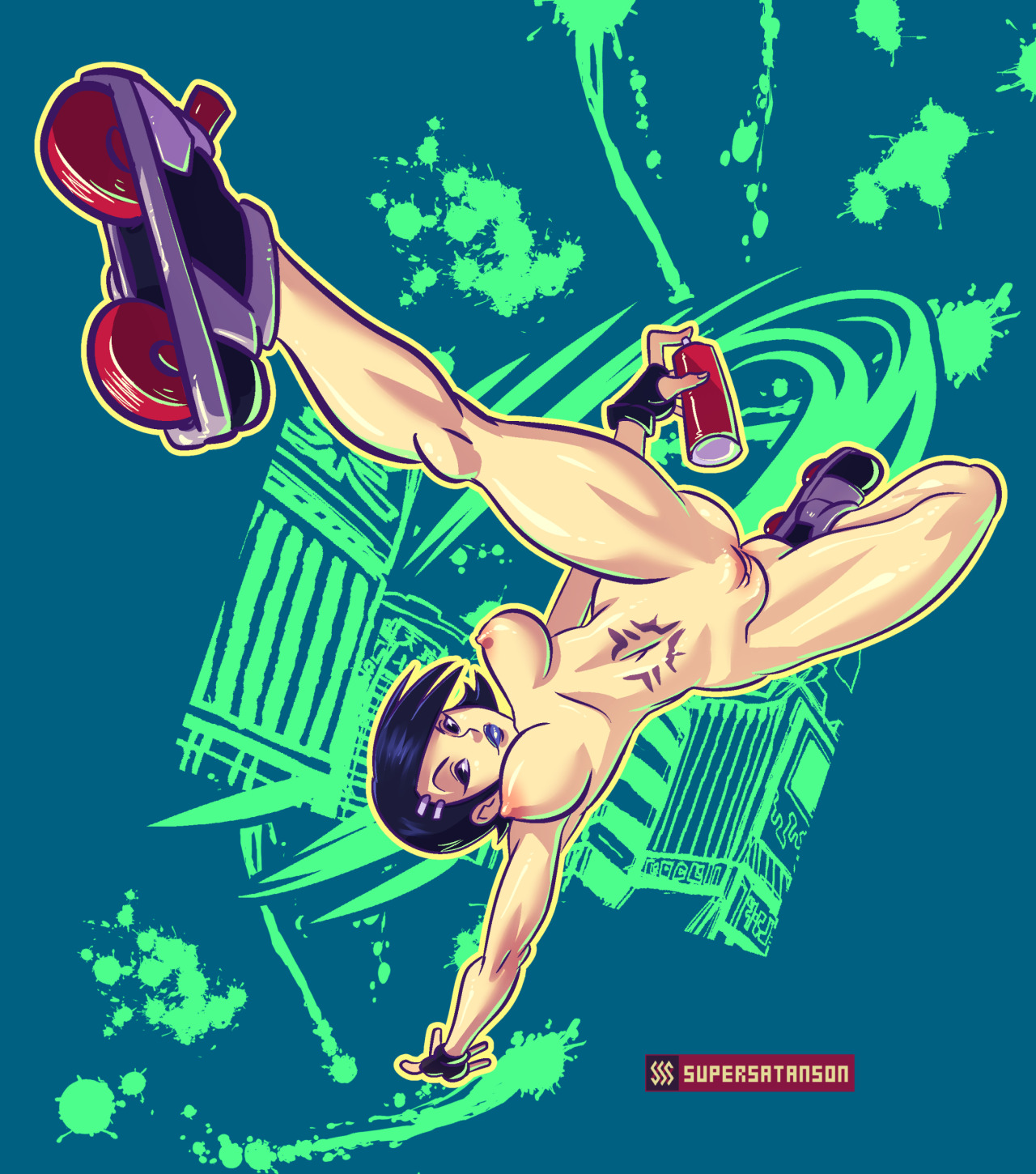 1girls, 2016, areolae, ass, breasts, cube (jsr), dark hair, female, fingerless gloves, hairclip, jet set radio, legs, lipstick, nipples, nude, pussy, roller skates, solo, supersatanson, tattoo