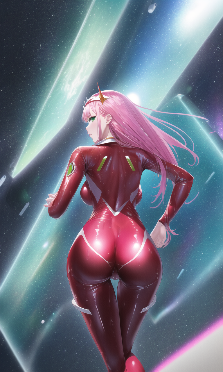 ai generated, ass, bejak, bodysuit, breasts, darling in the franxx, female, from behind, green eyes, horns, huge ass, latex, long hair, looking at viewer, looking back, nai diffusion, pink hair, shiny, shiny clothes, shiny hair, sideboob, skin tight, smile, solo, stable diffusion, very long hair, zero two (darling in the franxx)