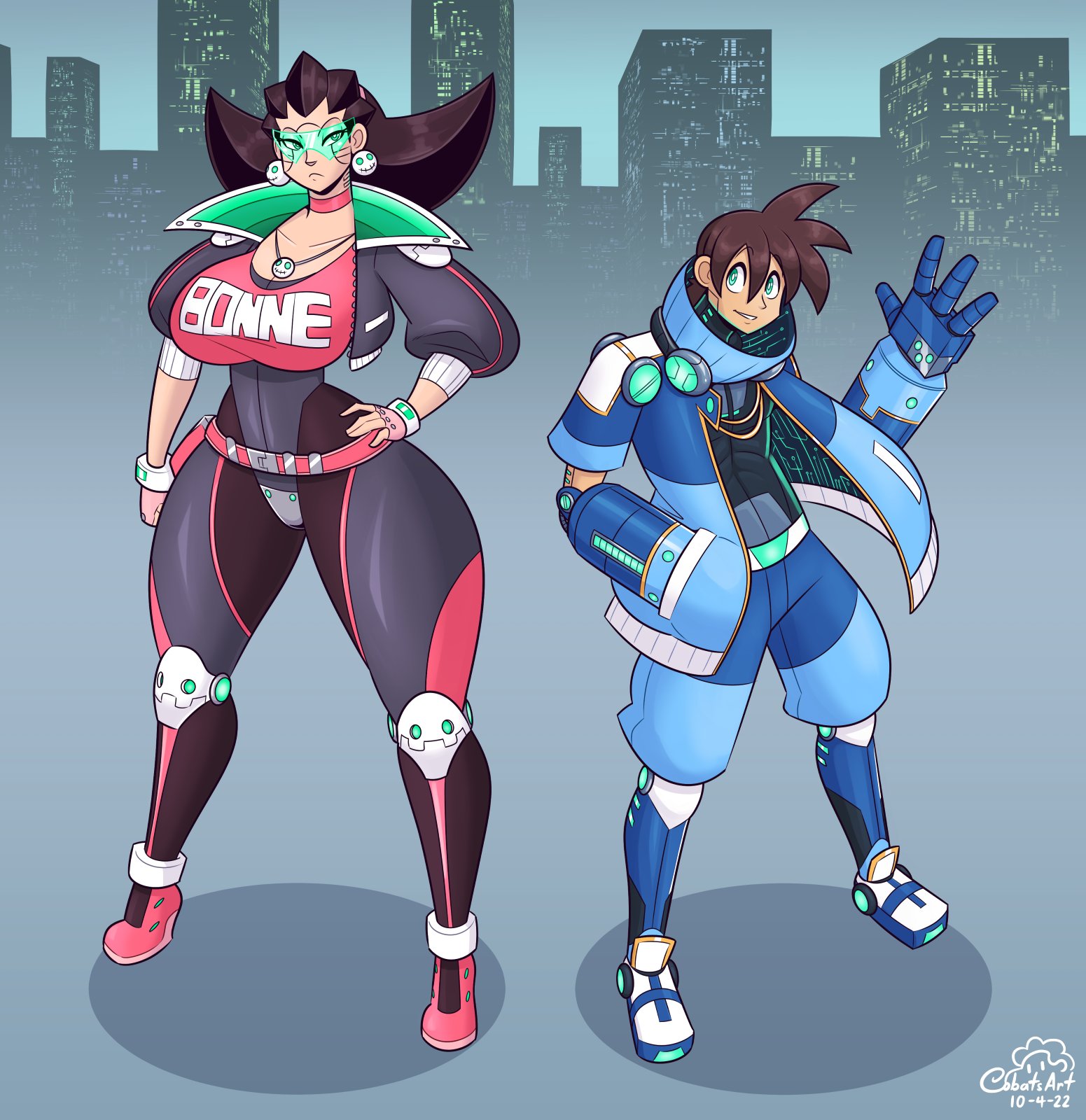 1girls, absurd res, ass, big ass, big breasts, big butt, breasts, brown hair, busty, capcom, cd projekt red, child bearing hips, clothed, cobatsart, crossover, curvaceous, curvy, curvy female, curvy figure, cyberpunk 2077, cyberpunk: edgerunners, digital drawing (artwork), digital media (artwork), eyelashes, female, female focus, fingers, fully clothed, gloves, green eyes, hourglass figure, huge breasts, jacket, large breasts, light skin, light-skinned female, male, mega man, mega man legends, mega man volnutt, short hair, slim waist, small nose, small waist, standing, thick thighs, thighs, thin eyebrows, thunder thighs, tron bonne, voluptuous, wide hips