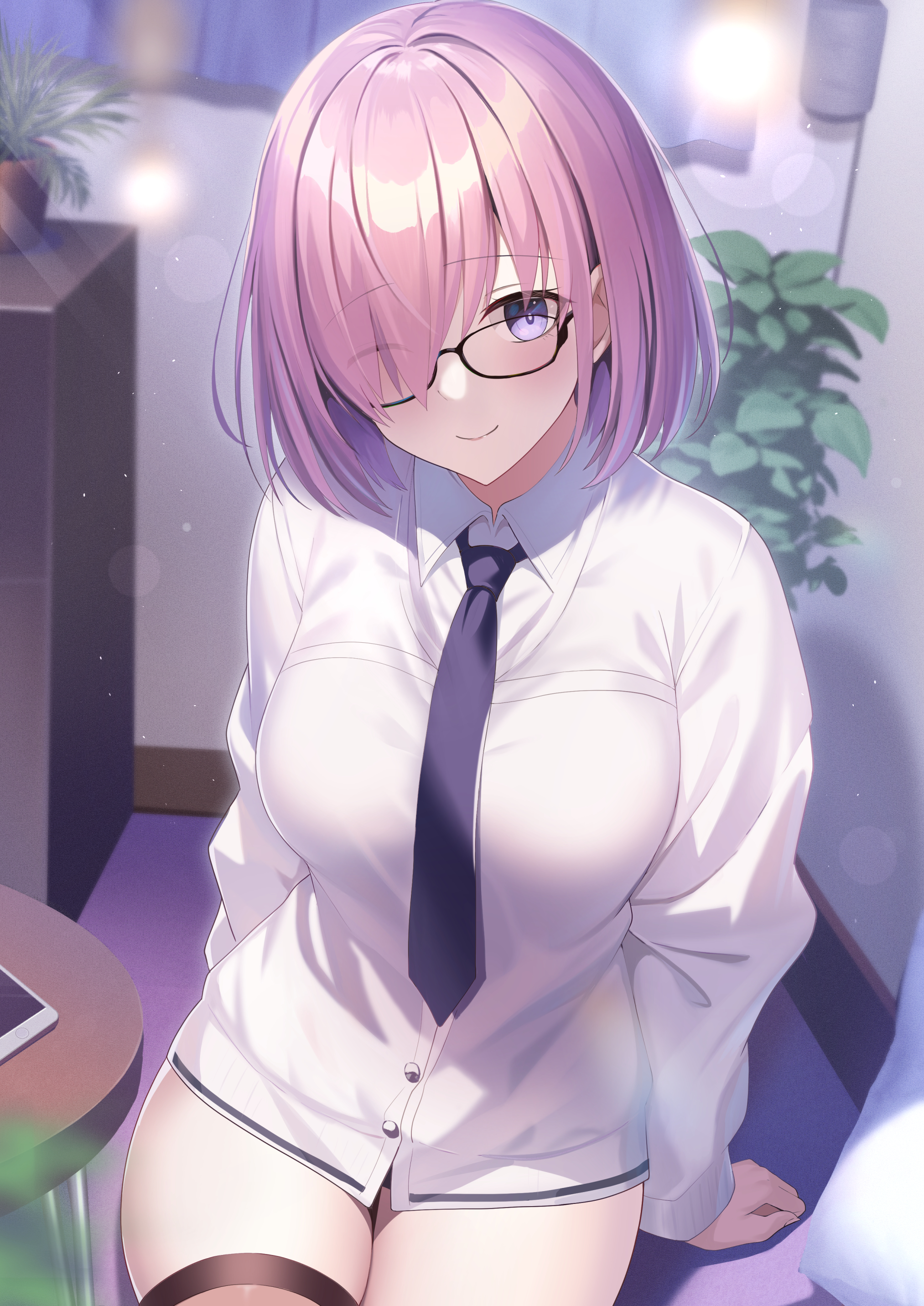 1girls, big breasts, black tie, blush, blushing at viewer, breasts, closed mouth, collared shirt, fate (series), fate/grand order, female, female focus, female only, glasses, hair over one eye, hi res, high resolution, highres, indoors, large breasts, light skin, light-skinned female, looking at viewer, mash kyrielight, mishiro (ixtlolton), no pants, pink hair, plant, purple eyes, shirt, short hair, shy, sitting, sitting on ground, smile, smiling at viewer, solo, solo female, solo focus, sweater, thick, thick thighs, thighhighs, thighs, white shirt, white sweater