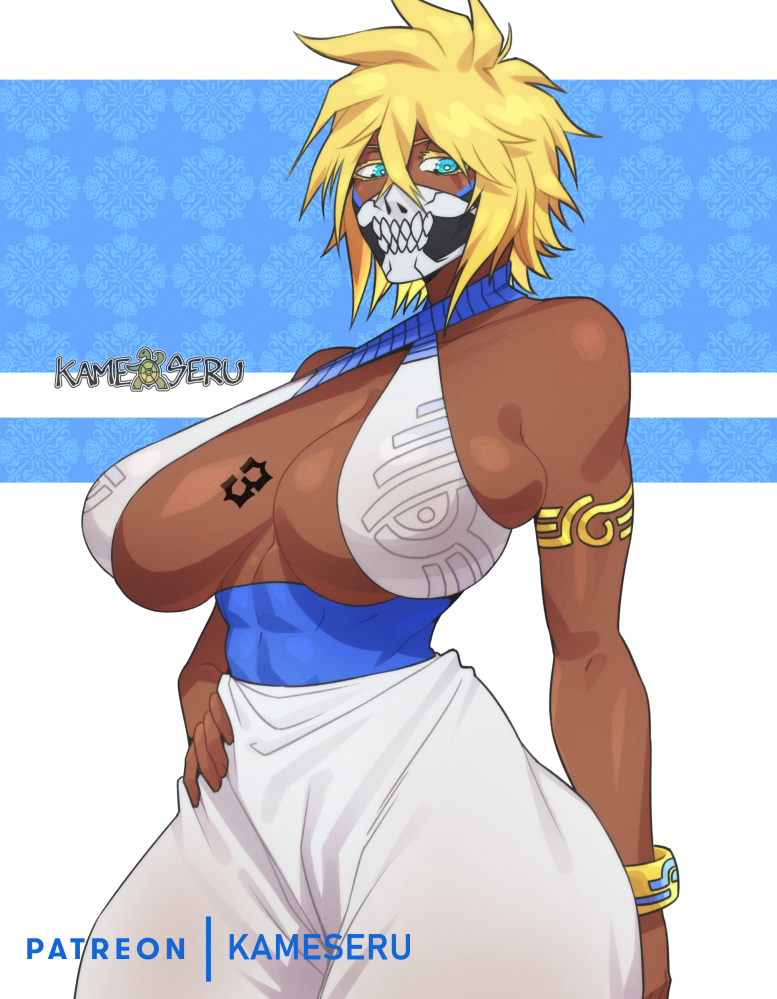 1girls big_breasts bleach blonde_female blonde_hair blue_eyes breasts casual cleavage clothed clothing dark-skinned_female dark_skin female huge_breasts kamekuzu kameseru mask masked masked_female tia_harribel