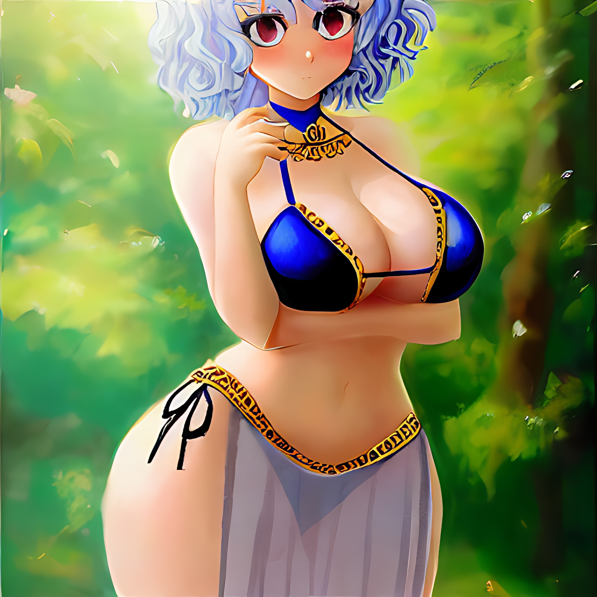 1girls, ai generated, bikini, blue bikini, blush, breasts, chimera ant, collar, curvy, dancer outfit, female, female only, gardener ai, harem girl, harem outfit, hourglass figure, humanoid, hunter x hunter, light skin, light-skinned female, midriff, necklace, neferpitou, ornament, pale skin, pale-skinned female, revealing clothes, short hair, shounen jump, side-tie bikini, silver hair, skimpy, slave, slave bikini, stable diffusion, thick thighs, thighs, villainess, white hair, wide hips