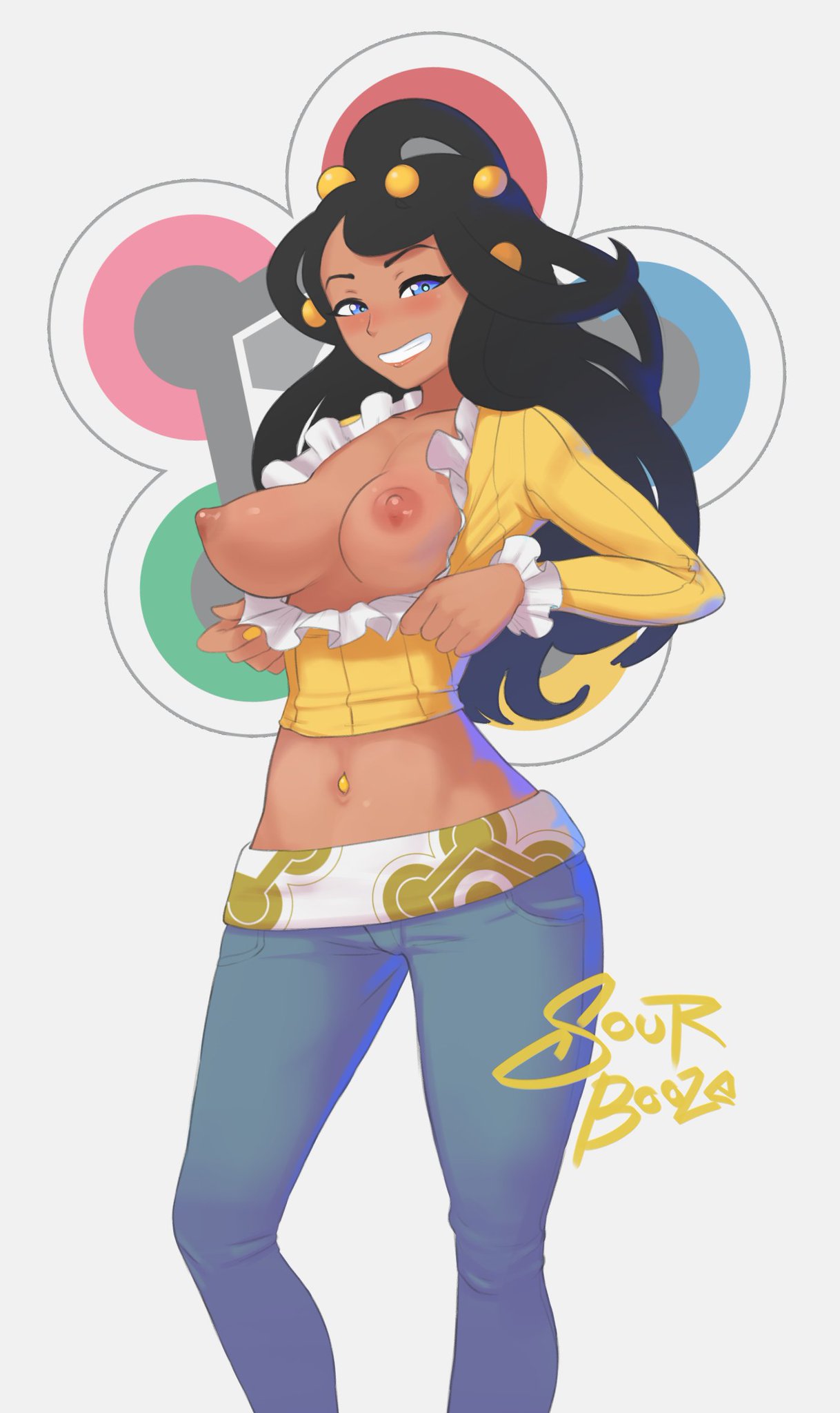 1girls artist_signature belly black_hair blue_eyes breast_exposed breasts breasts_out dahlia_(pokemon) dark-skinned_female dark_skin female female_only frontier_brain game_freak hair_ornament half_naked human human_only jeans looking_at_viewer medium_breasts nintendo nipples pokemon pokemon_dppt smile smiling smiling_at_viewer solo solo_female sourbooze thick_thighs wanting_sex