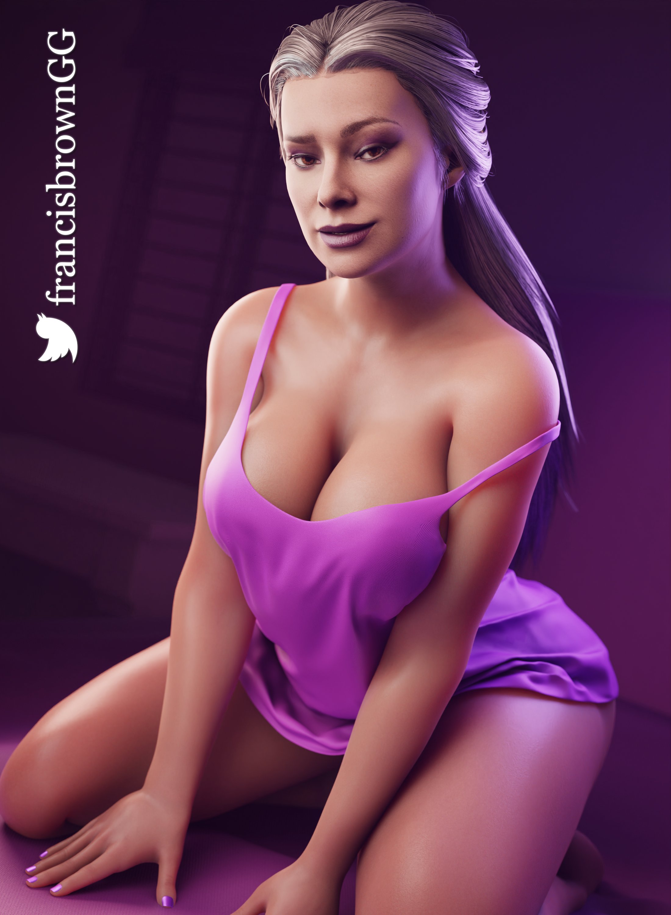1girls, 3d, 3d (artwork), bed, big breasts, breasts, cleavage, eyeshadow, female, female focus, female only, francis brown, fully clothed, large breasts, long hair, looking at viewer, makeup, mature female, milf, mortal kombat, mortal kombat 11, on bed, purple eyes, purple lips, purple lipstick, sindel, solo, tagme, two-tone hair, white hair