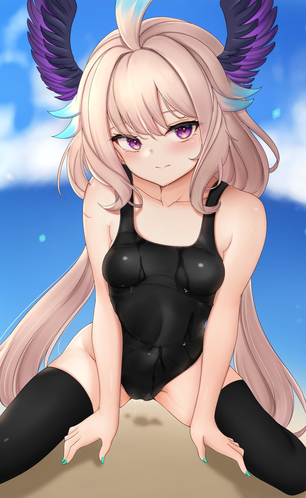 1girls ahoge bare_shoulders black_swimsuit blue_hair cream_hair enna_alouette exposed_shoulders hair_wings head_wings honon legwear nijisanji nijisanji_en one-piece_swimsuit purple_eyes small_breasts solo solo_female solo_focus swimsuit thighhighs virtual_youtuber water_drop wet_clothes white_hair