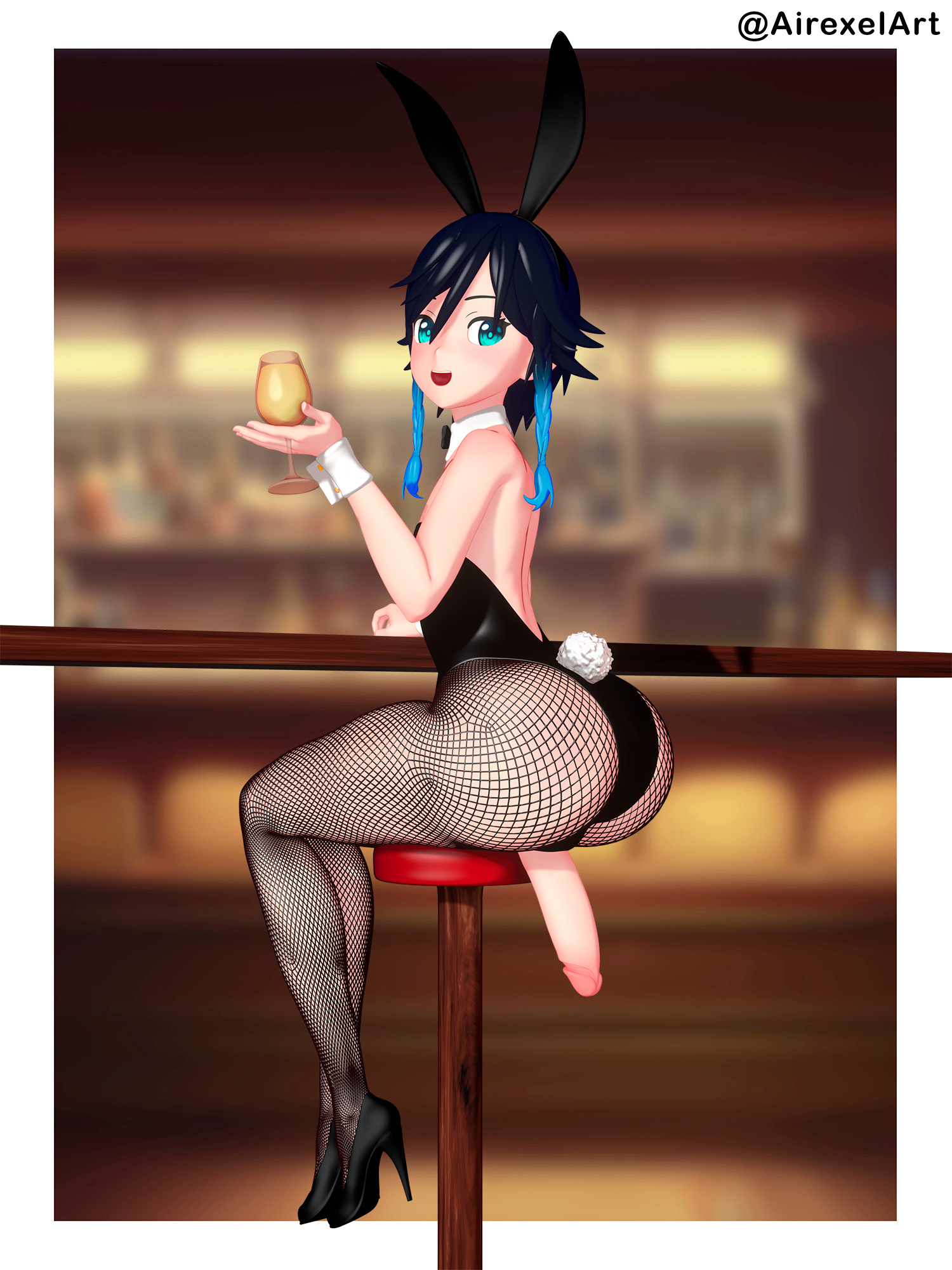 1boy, 3d, airexelart, ass, ass focus, bar stool, big ass, blue eyes, bunny ears, bunny tail, bunnysuit, crossdressing, erection, femboy, fishnet legwear, fishnet stockings, fishnets, genshin impact, girly, high heels, looking at viewer, looking back, male, male only, pantyhose, penis, solo, solo male, thick thighs, trap, venti (genshin impact), wide hips