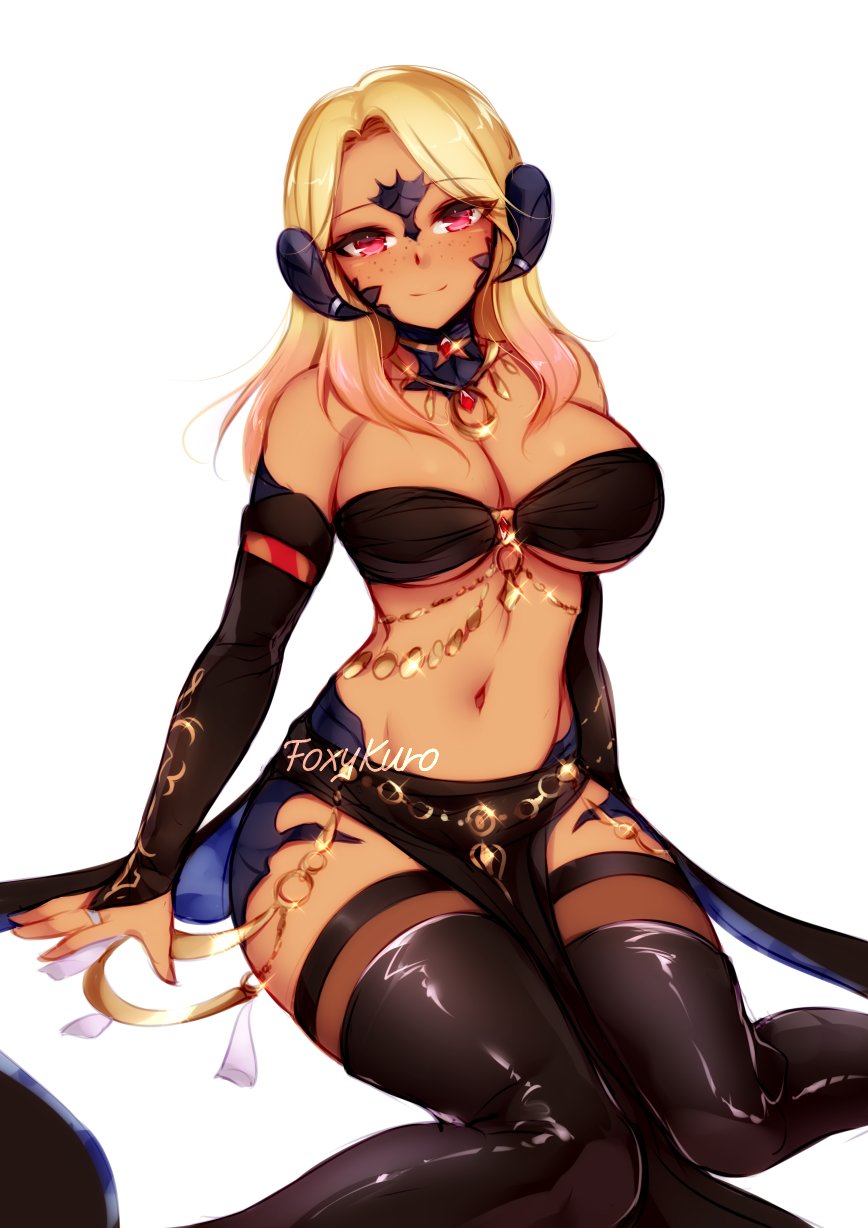 au_ra avatar_(ff14) bandeau bare_shoulders black_horns blonde_hair boots breasts bridal_gauntlets cleavage dancer_(final_fantasy) detached_collar drago_horns dragon_tail elbow_gloves female final_fantasy final_fantasy_xiv foxykuro gloves gradient_hair highres horns large_breasts long_hair looking_at_viewer multicolored_hair navel solo_female