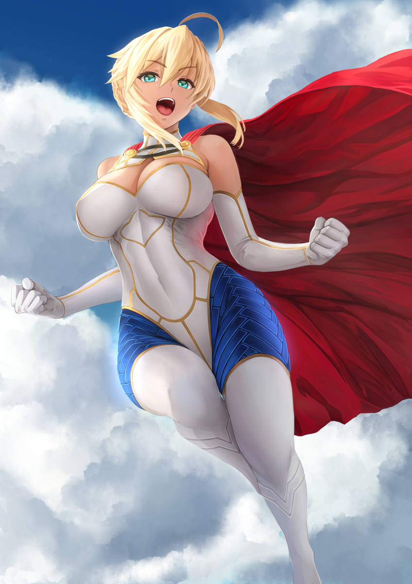 1girls ahoge alternate_costume aqua_eyes artoria_pendragon artoria_pendragon_(lancer) bangs bare_shoulders big_breasts blonde_female blonde_hair blue_eyes bodysuit braid breasts cape cleavage cleavage_cutout clenched_hand clothing_cutout cloud cloudy_sky cosplay covered_navel covered_nipples curvy curvy_body curvy_figure day dc dc_comics elbow_gloves fate/grand_order fate_(series) female female_focus female_only floating_cape flying french_braid gloves hair_between_eyes hair_bun large_breasts light-skinned_female light_skin long_hair looking_at_viewer only_female open_mouth outdoors outside power_girl powergirl_(cosplay) red_cape sidelocks single_hair_bun skin_tight sky sleeveless sleeveless_turtleneck smile smiling smiling_at_viewer solo solo_female solo_focus superhero_costume superheroine teeth thick thighs turtleneck upper_teeth v-shaped_eyebrows white_bodysuit white_gloves yamaneko_(tkdrumsco)