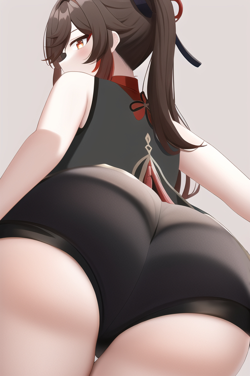 1girls, ai generated, ass, booty shorts, brown eyes, brown hair, female, genshin impact, hu tao (genshin impact), huge ass, light skin, light-skinned female, looking at viewer, low-angle view, nai diffusion, short shorts, shorts, stable diffusion, twintails