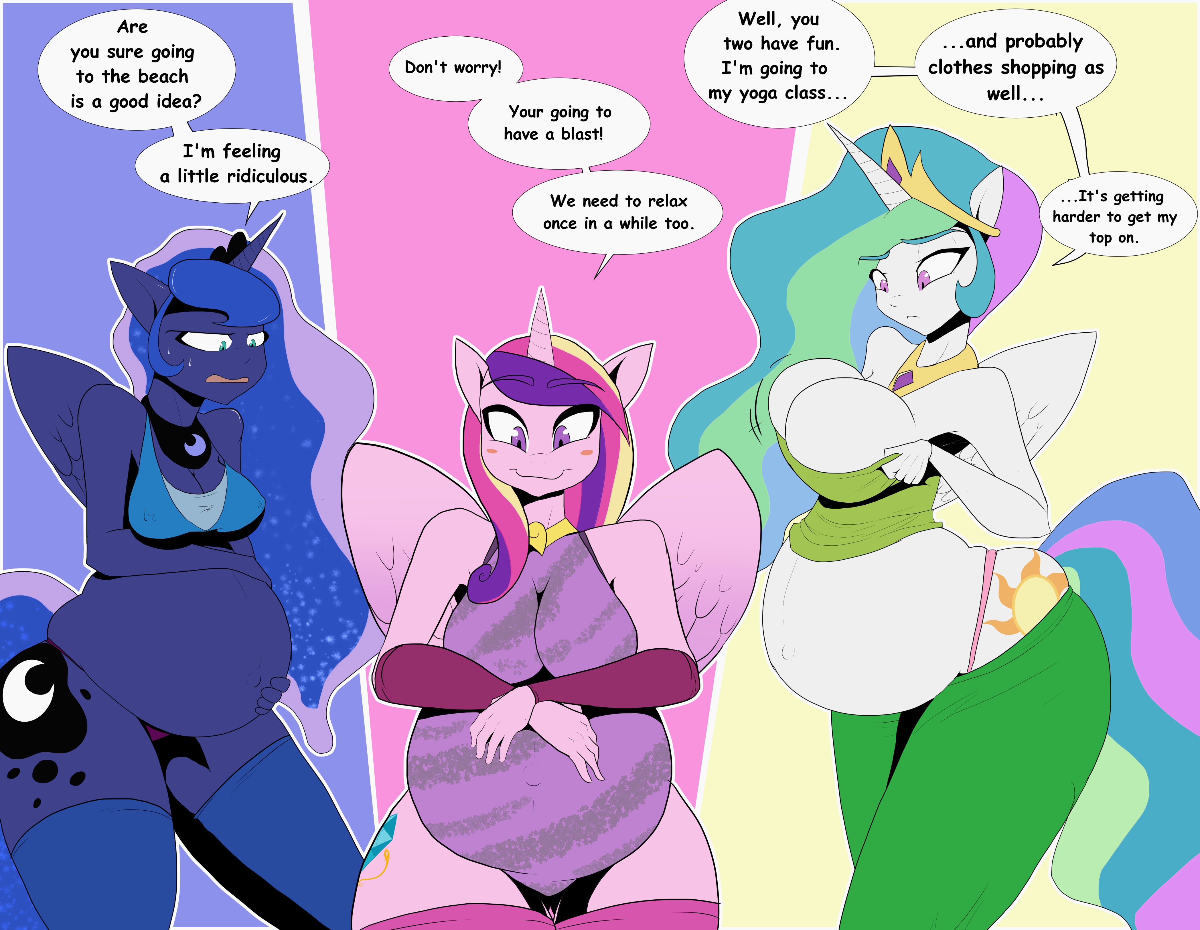 3girls, alicorn, anthro, ass, breasts, collar, english commentary, english dialogue, english text, feathered wings, female, female only, friendship is magic, furry, furry female, hasbro, horn, large ass, large breasts, long hair, my little pony, my little pony friendship is magic, pregnant, princess cadance (mlp), princess celestia (mlp), princess luna (mlp), striped swimsuit, tiara, typo, vale-city