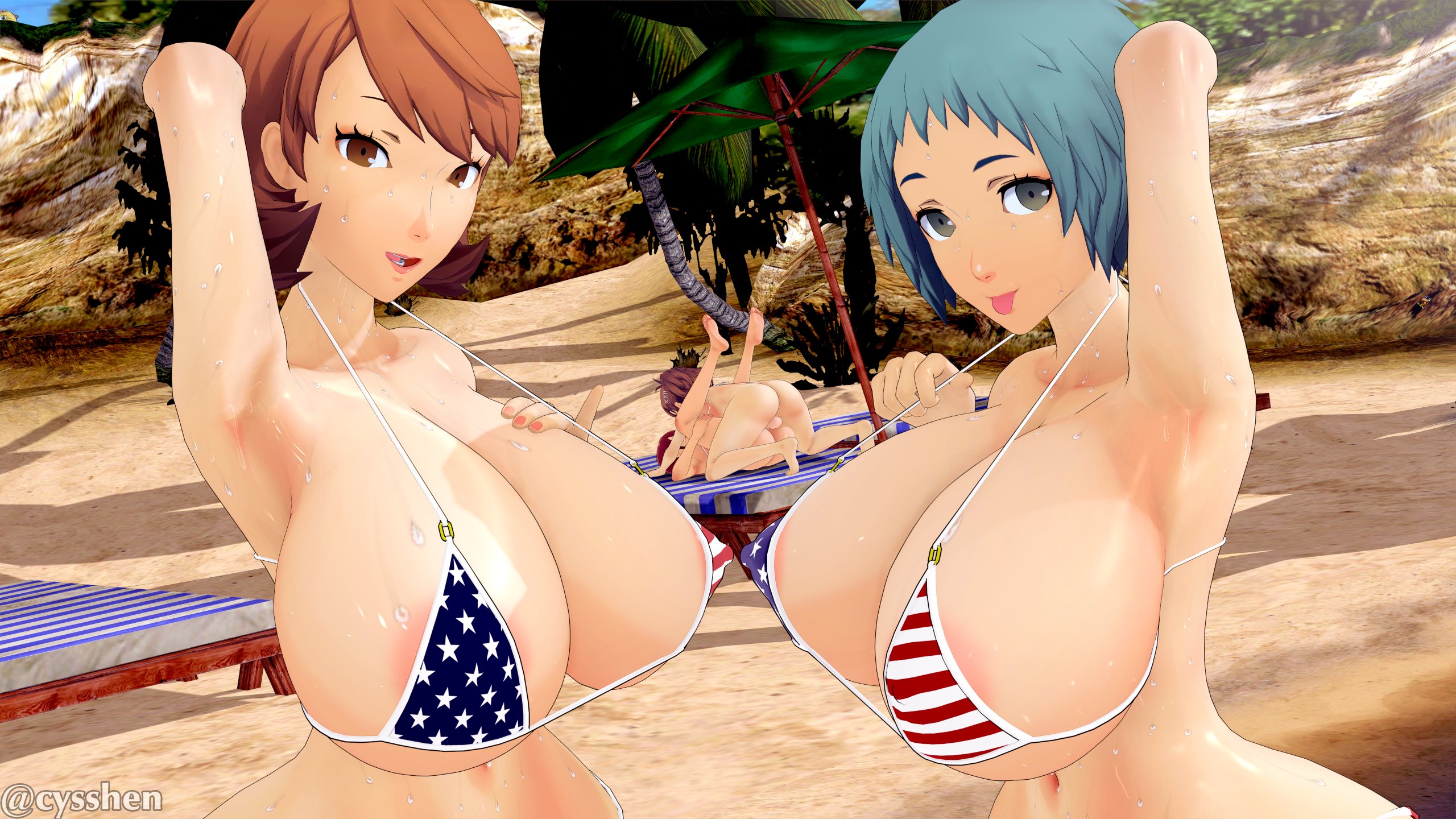 1futa, 3d, 3d (artwork), 3girls, alternate breast size, american flag bikini, atlus, balls, beach, bikini, blue hair, breasts, brown hair, character in background, cyshen, female, futa on female, futanari, fuuka yamagishi, hi res, huge breasts, intersex, koikatsu, kotone shiomi, large breasts, light skin, light-skinned female, long hair, massive breasts, mating press, mitsuru kirijo, naughty face, outdoors, penis, persona, persona 3, red hair, sex, short hair, sweat, sweaty body, uncensored, yamagishi fuuka, yukari takeba