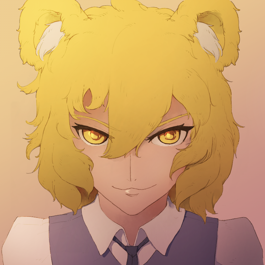 2020 alternate_form ambiguous_gender animal_humanoid blonde_eyebrows blonde_hair blue_clothing blue_topwear blue_vest bust_portrait clothed clothing eyebrows foogyakumo foogyakumo_(character) front_view gradient_background hair humanoid inner_ear_fluff looking_at_viewer necktie portrait simple_background smile smirk solo topwear tuft uniform vest white_dress_shirt yellow_eyes