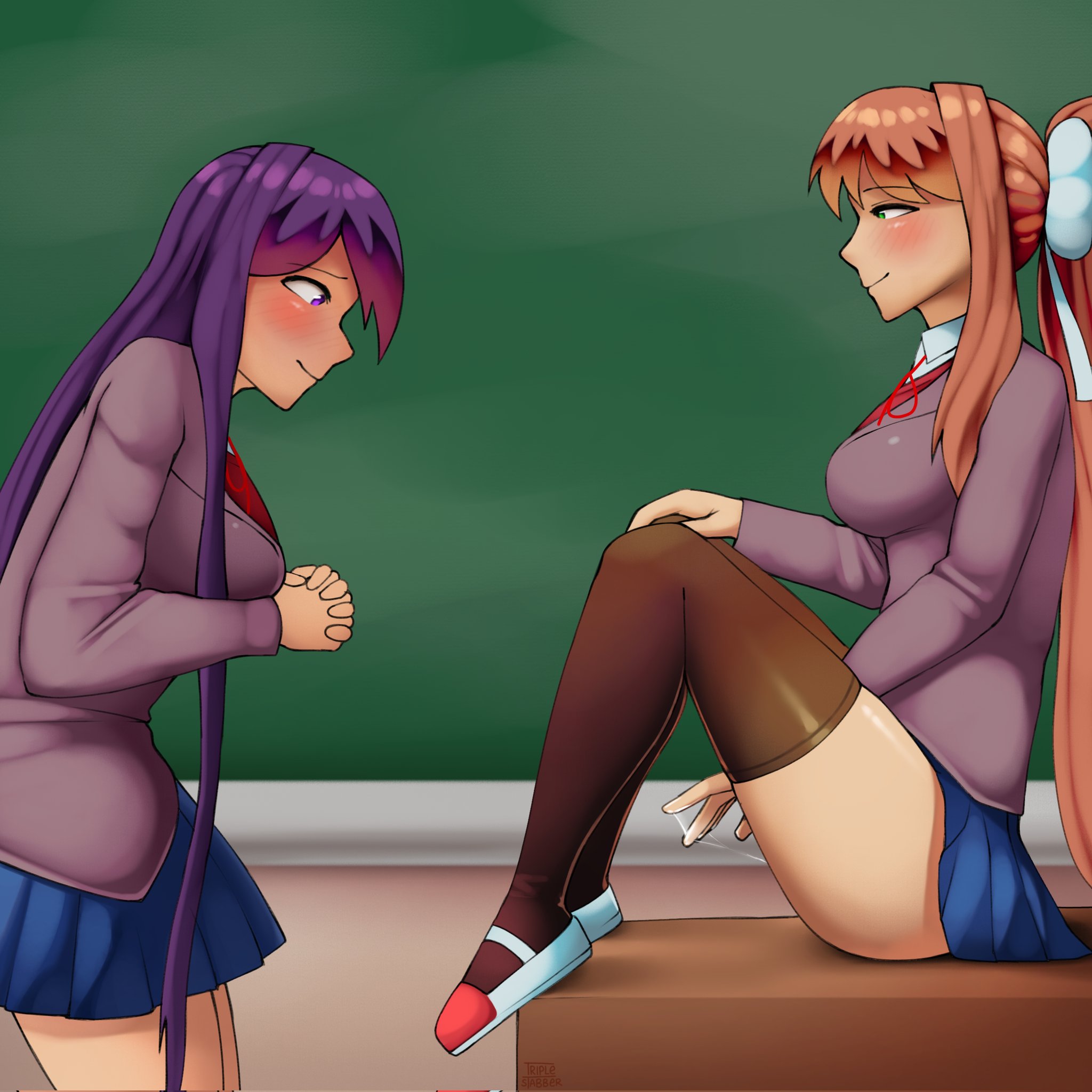 2girls, being watched, black legwear, black thighhighs, blue skirt, blush, bow, brown hair, classroom, doki doki literature club, duo, female, female only, green eyes, legwear, looking at pussy, masturbation, monika (doki doki literature club), no panties, ponytail, public masturbation, purple eyes, purple hair, pussy, pussy juice, pussy juice drip, pussy juice trail, rubbing pussy, school, school uniform, shoes, skirt, smile, thighhighs, triplestabber, uniform, watching masturbation, wet pussy, white bow, yuri, yuri (doki doki literature club)