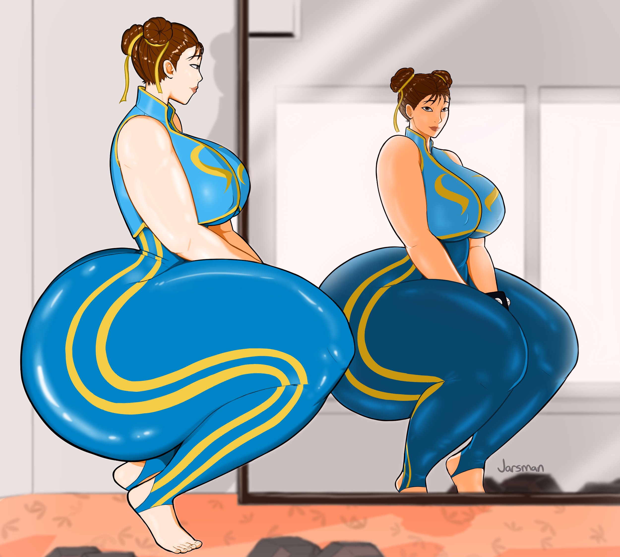1girls, ass, big ass, big breasts, big butt, bottom heavy, breasts, brown hair, capcom, chun-li, fat ass, fat butt, female, female only, fully clothed, hair bun, huge ass, huge breasts, huge butt, huge thighs, jarsman (artist), large ass, looking at self, massive ass, massive butt, mirror, pants, reflection, solo, squatting, street fighter, street fighter alpha, thick ass, thick thighs, thunder thighs, tight clothing, tight pants