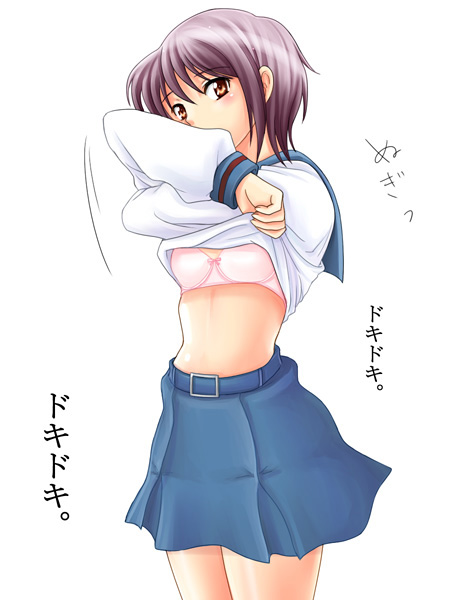 00s belt blush bra brown_eyes clothes_lift female lingerie nagato_yuki pink_bra purple_hair school_uniform serafuku shirt_lift short_hair solo suzumiya_haruhi_no_yuuutsu translation_request underwear undressing yumeno_naka