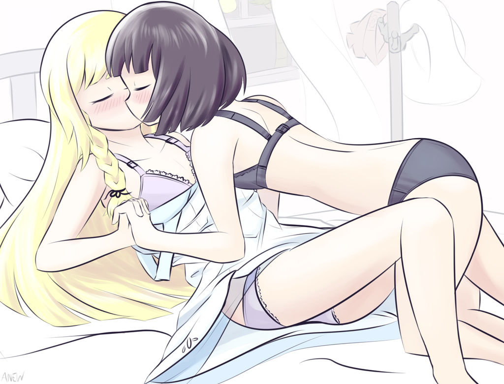 2girls anewenfartist ass bed black_bra black_hair black_lingerie black_panties blonde_hair blush bra breasts closed_eyes dress hat hat_rack holding_hands kissing laying_on_bed lesbian_kiss lillie_(pokemon) lingerie long_hair multiple_girls nintendo on_bed panties pillow pokemon pokemon_sm purple_bra purple_lingerie purple_panties selene_(pokemon) short_hair small_breasts white_dress yuri