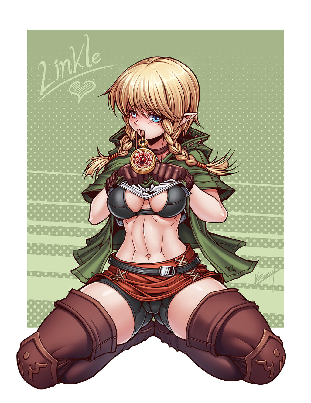 1girls abs athletic athletic_female black_bra blonde_hair blue_eyes bra breasts choker compass fit fit_female hyrule_warriors karosu-maker linkle looking_at_viewer medium_breasts midriff navel nintendo shirt shirt_lift short_hair shorts sports_bra the_legend_of_zelda thigh_boots tunic twin_braids white_shirt