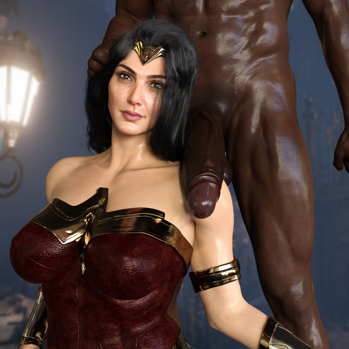 1boy, 1girls, 3d, actress, big penis, black hair, breasts, busty, dark skin, dark-skinned male, dc, dc comics, dc extended universe, dceu, diana prince, female, gal gadot, huge breasts, huge penis, interracial, light skin, light-skinned female, male, nordfantasy, partial male, penis, royalty, superherione, tagme, tiara, wonder woman, wonder woman (series)