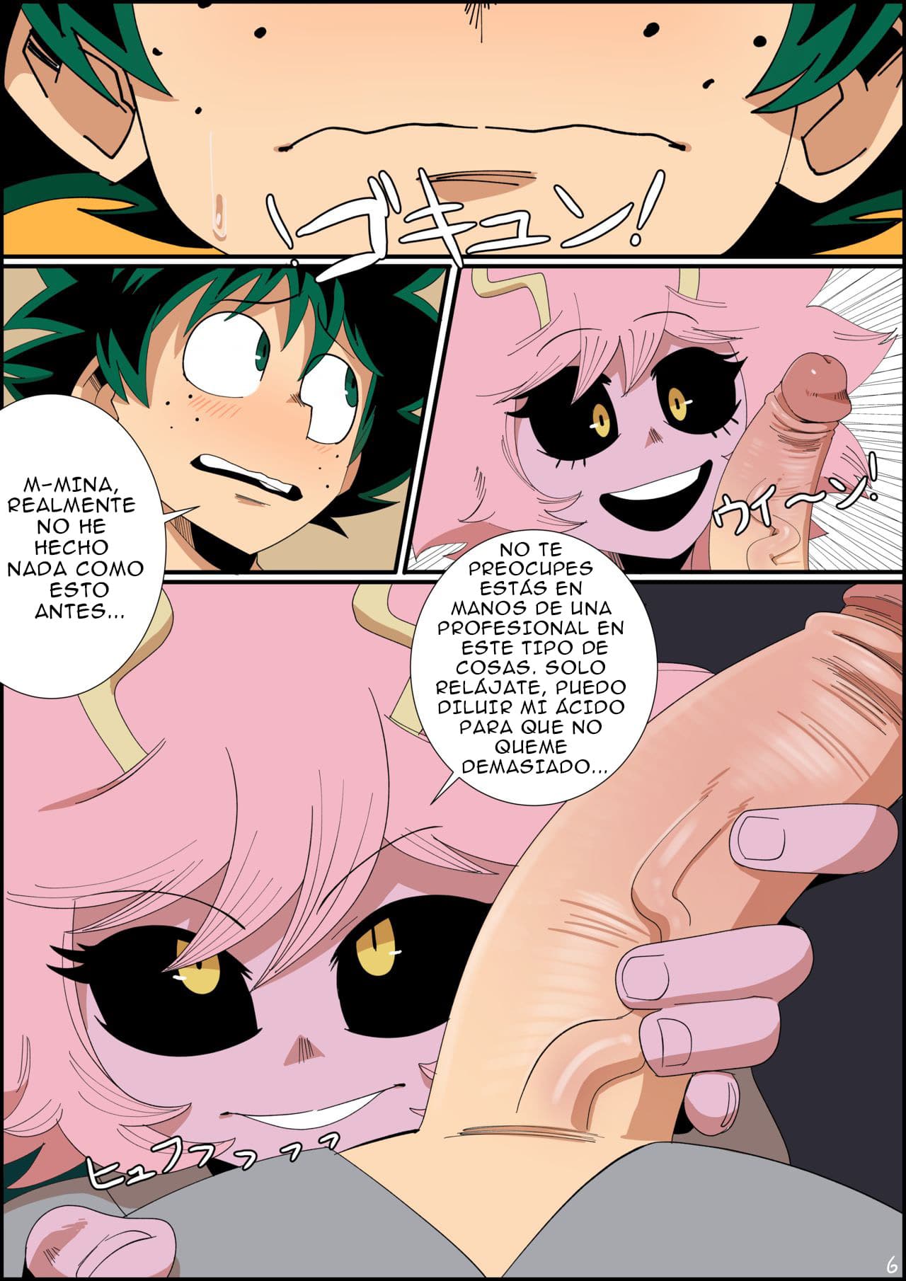 1boy, 1girls, blowjob, blush, comic, comic page, curved to the right penis, female, green eyes, green hair, green-haired male, izuku midoriya, male, male/female, mina ashido, my hero academia, page 6, penis, pink body, pink hair, pink penis, pink skin, pink-haired female, smile at viewer, spanish text, thehumancopier, translated