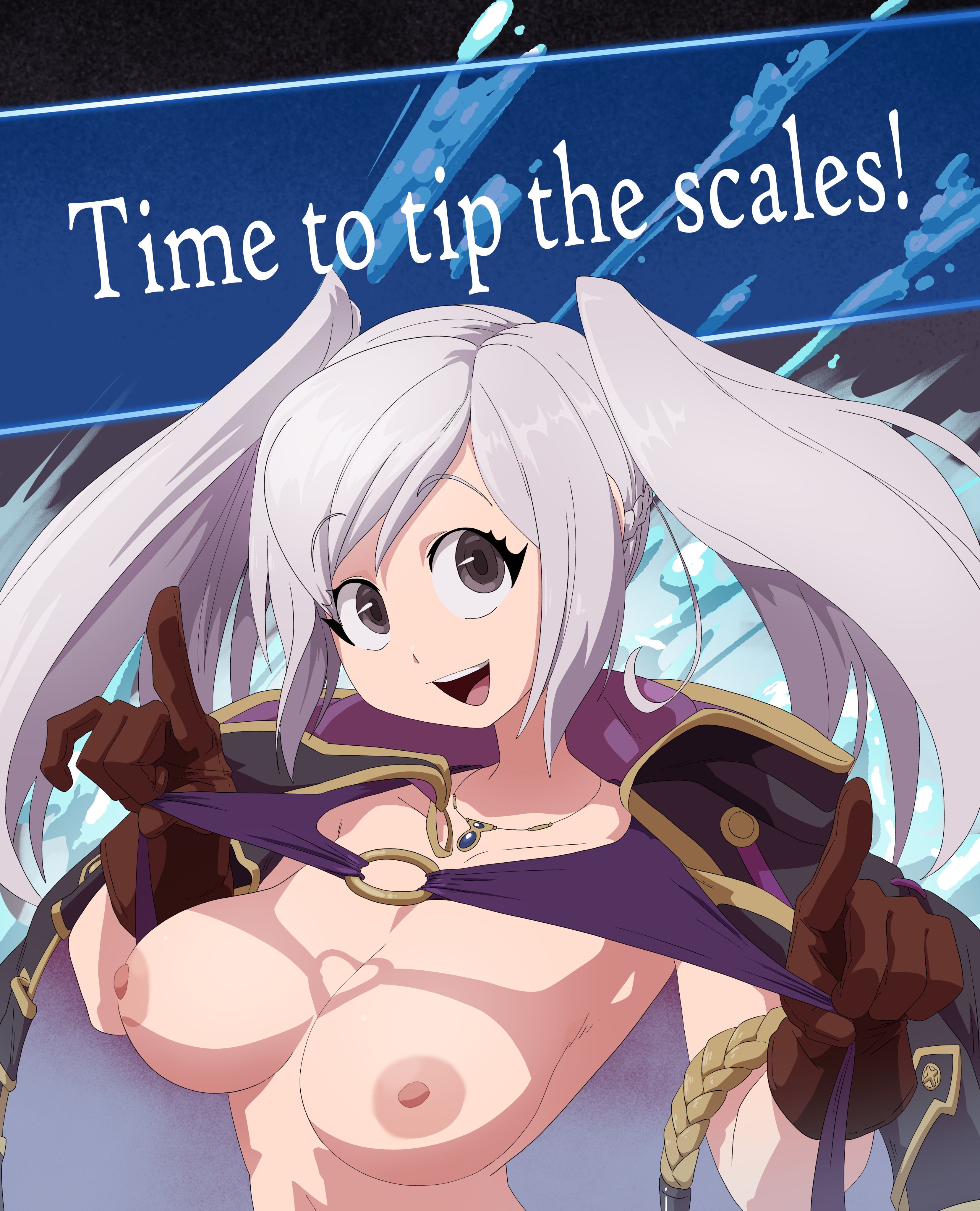 1girls, alternate costume, bikini, bra lift, breasts, breasts out, coat, coolerinker, english text, female, fire emblem, fire emblem awakening, fire emblem heroes, gloves, inker comics, inkershike, necklace, nintendo, nipples, o-ring, o-ring bikini, official alternate costume, purple bikini, purple swimsuit, robin (fire emblem), robin (fire emblem) (female), solo, swimsuit, text, twintails, vhfd