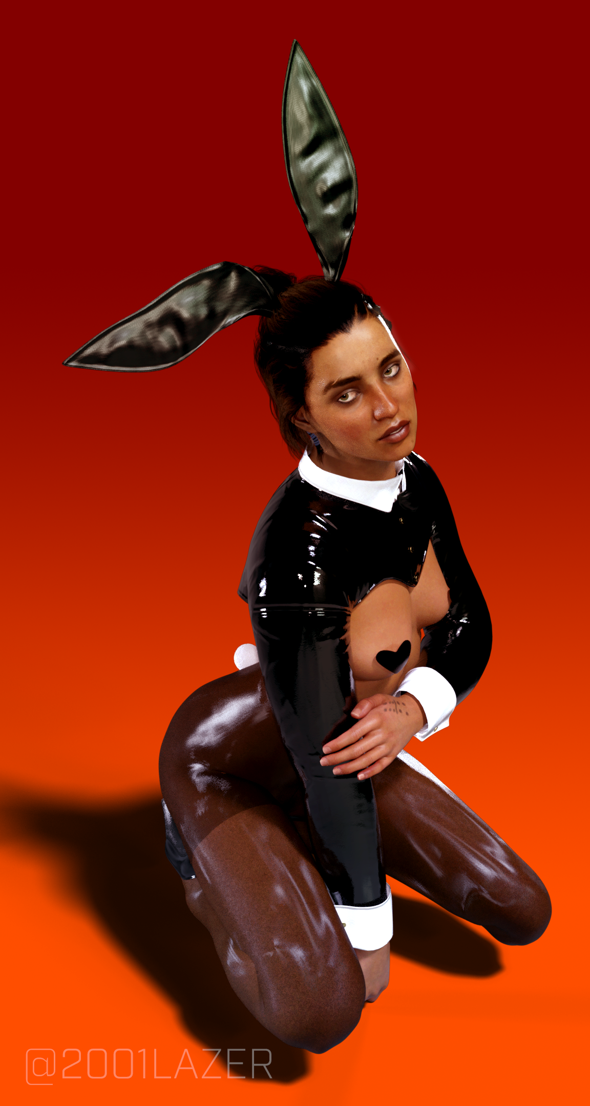 1girls, 2001laser, 3d, animal ears, areola slip, breasts, brown skin, bunny ears, bunny girl, bunny tail, bunnysuit, cuban, cuban female, dani rojas, dani rojas (female), dark skin, dark-skinned female, daz studio, daz3d, far cry, far cry 6, female, female only, green eyes, hi res, kneeling, latex, latina, leather, pasties, reverse bunnysuit, solo, solo female, tan body, tan skin, ubisoft