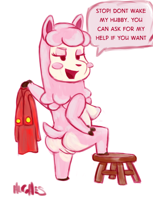 2013 alpaca animal_crossing anthro ass camelid clothing dialogue digital_media_(artwork) digital_painting_(artwork) english_text female full-length_portrait fur furniture genitals hand_on_leg hand_on_thigh infidelity j_hughes mammal naughty_face nintendo open_mouth pink_body pink_fur portrait pussy reese_(animal_crossing) solo step_pose stool text undressing video_games