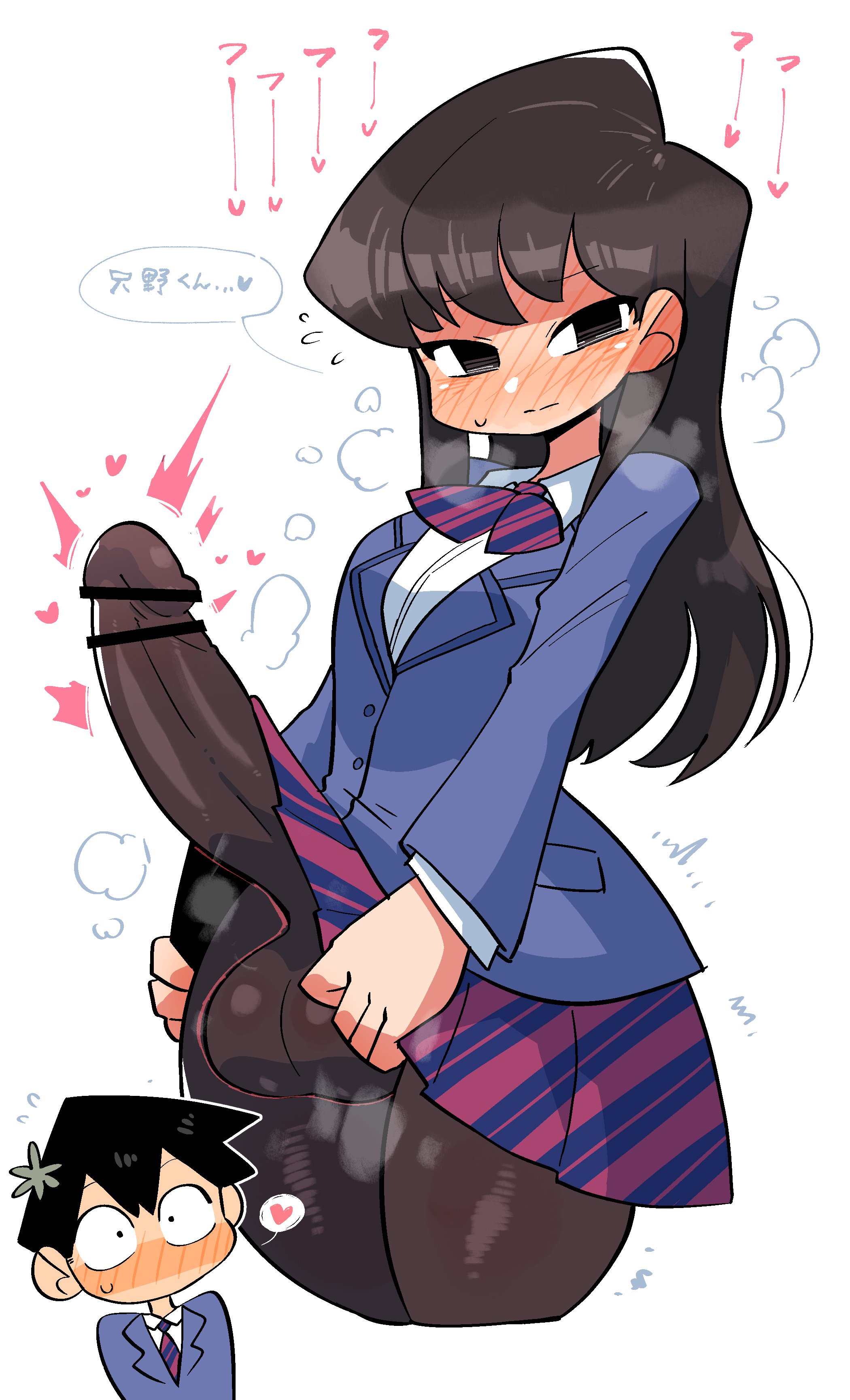 1boy, 1futa, balls, big balls, black eyes, black hair, blush, breasts, brown hair, censor bar, censored, clothed, clothing, cock under clothes, condom clothing, crap-man, detailed penis, embarrassed, erect cock, erect dick, erect penis, erect under clothes, erection, erection under clothes, erection under clothing, erection under pantyhose, erection under skirt, female, femdom, fully clothed, futa, futa cock, futa focus, futa is bigger, futa only, futa penis, futanari, hard cock, hard dick, hard on, hard penis, has uncensored version, heavy blush, huge cock, huge dick, huge penis, human, impossible clothes, intersex, komi shouko, komi-san wa komyushou desu, light skin, light-skinned futa, long hair, long penis, looking at viewer, male, malesub, pantyhose, penis, penis under clothes, pointless censoring, school uniform, skin tight, skin tight clothes, skin tight clothing, skin tight outfit, skin tight suit, skintight, solo focus, spoken heart, standing, steam, tadano hitohito, tight, tight clothes, tight clothing, tight fit, very high resolution, white background